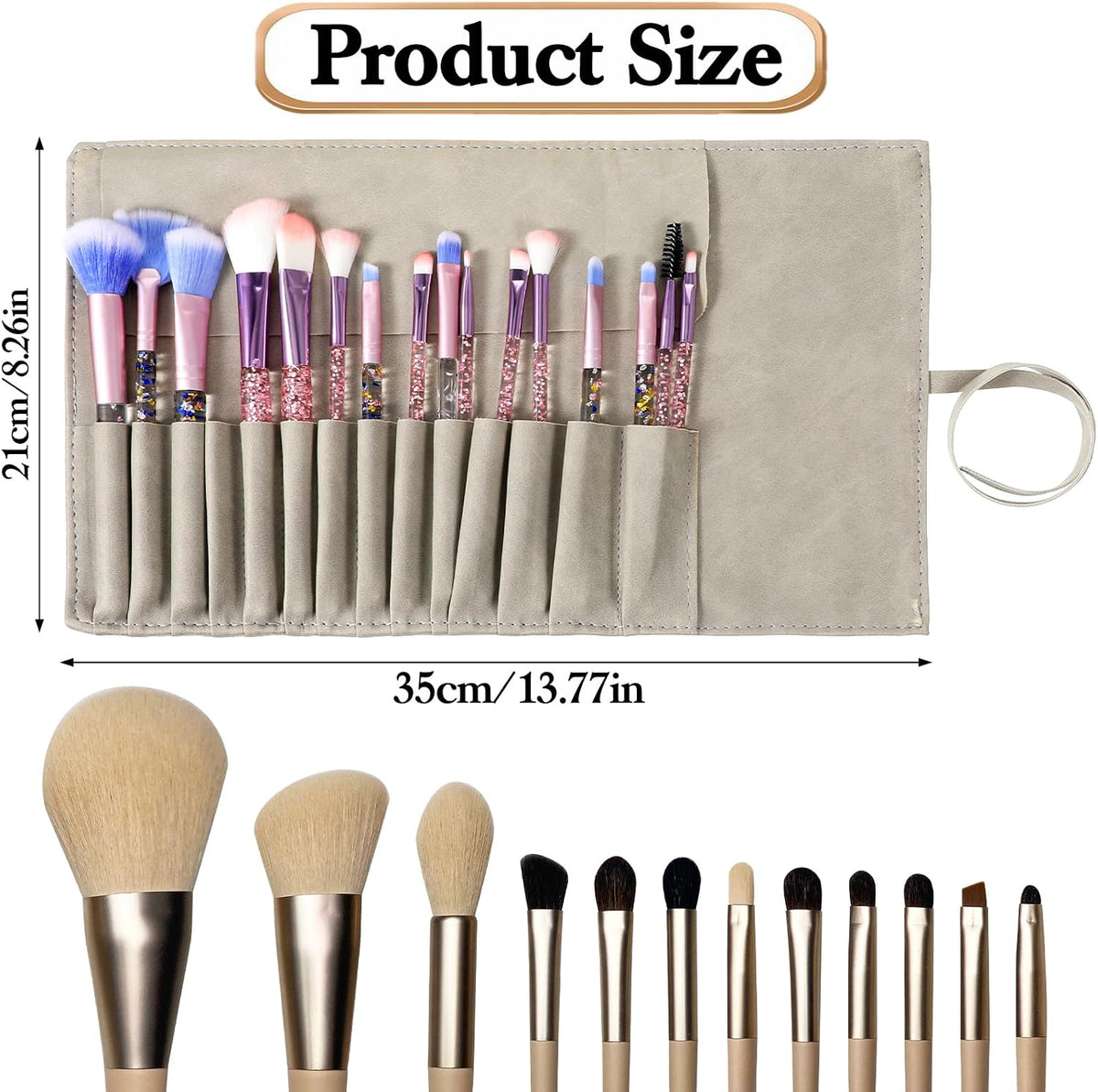 Makeup Brush Organizer Roll-Up PU Leather 14 Slot Travel Makeup Brush Case for Women