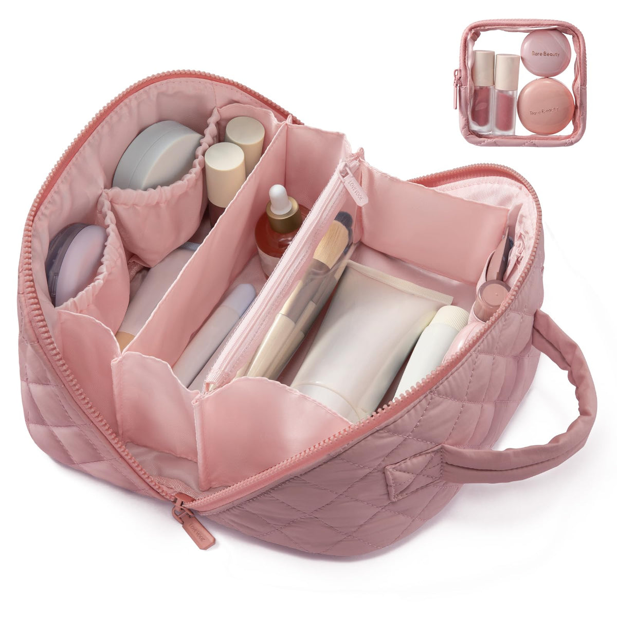 LOVEVOOK Travel Makeup Bag for Women, 2Pcs Puffer Waterproof Cosmetic Organizer, Large Capacity Pouch Open Flat Small Toiletry Bag with Brush Compartment & Handle (Pink, Medium)