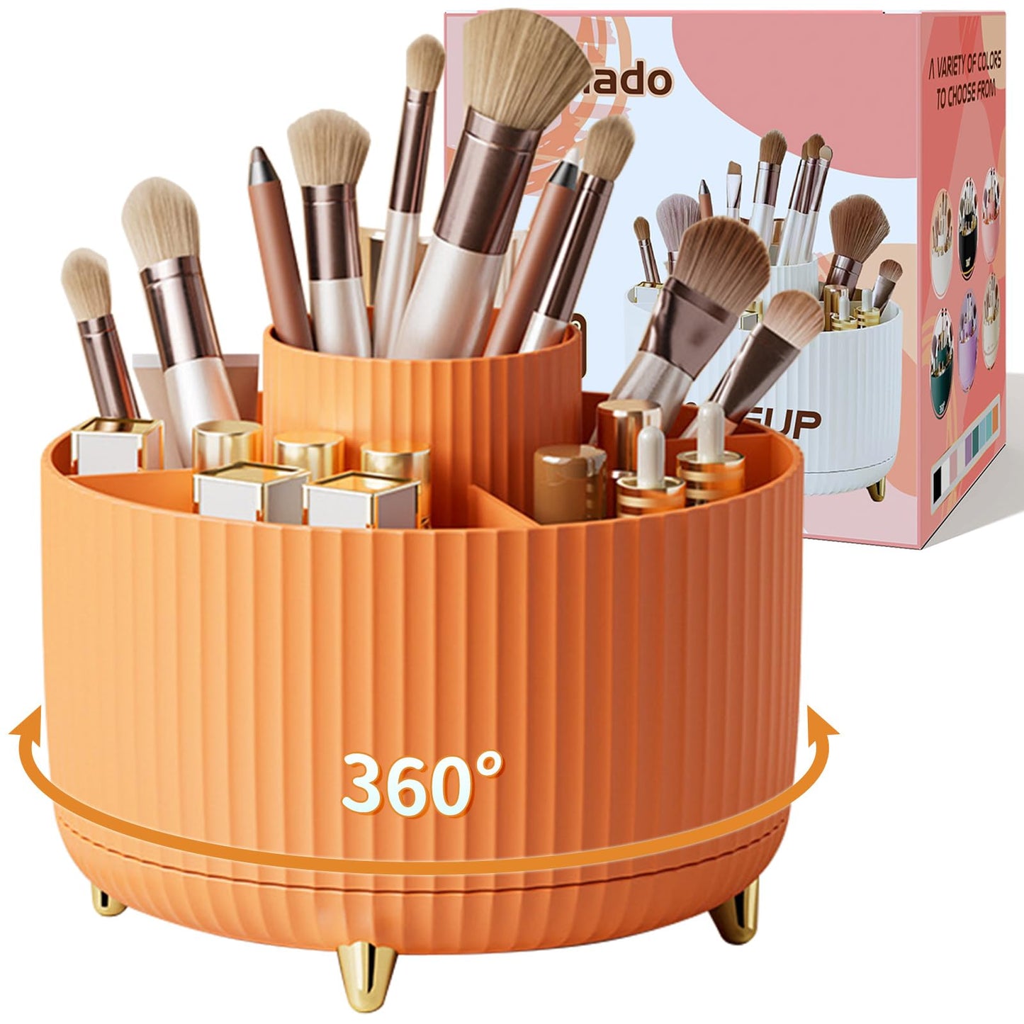 fanado 360° Rotate Makeup Brush Holder Organizer, Makeup Organizers Countertop, Makeup organization and Skincare Storage for Vanity, Desktop, Bathroom (Clear Amber)