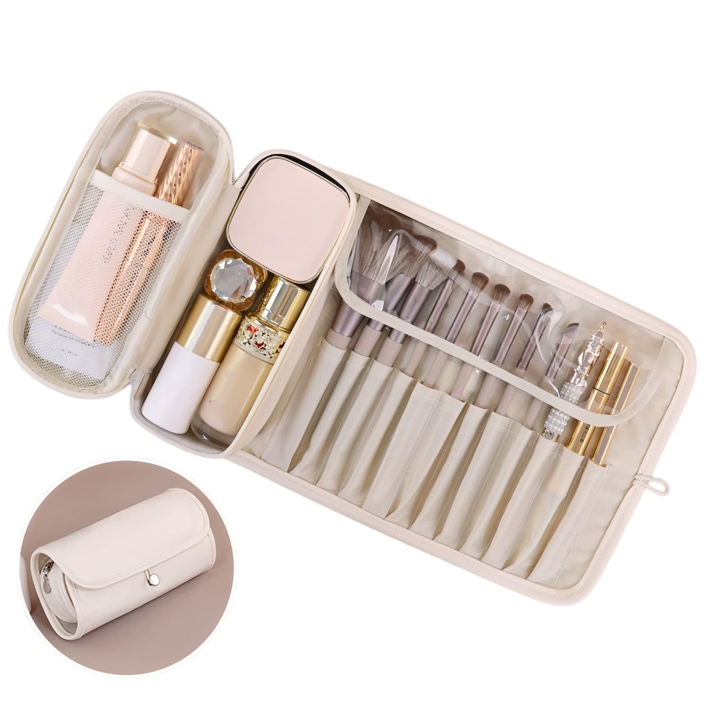 Luxury Leather Makeup Brush Case, Professional Cosmetic Organizer Roll Bag, Travel Storage for Home and Work (brown)