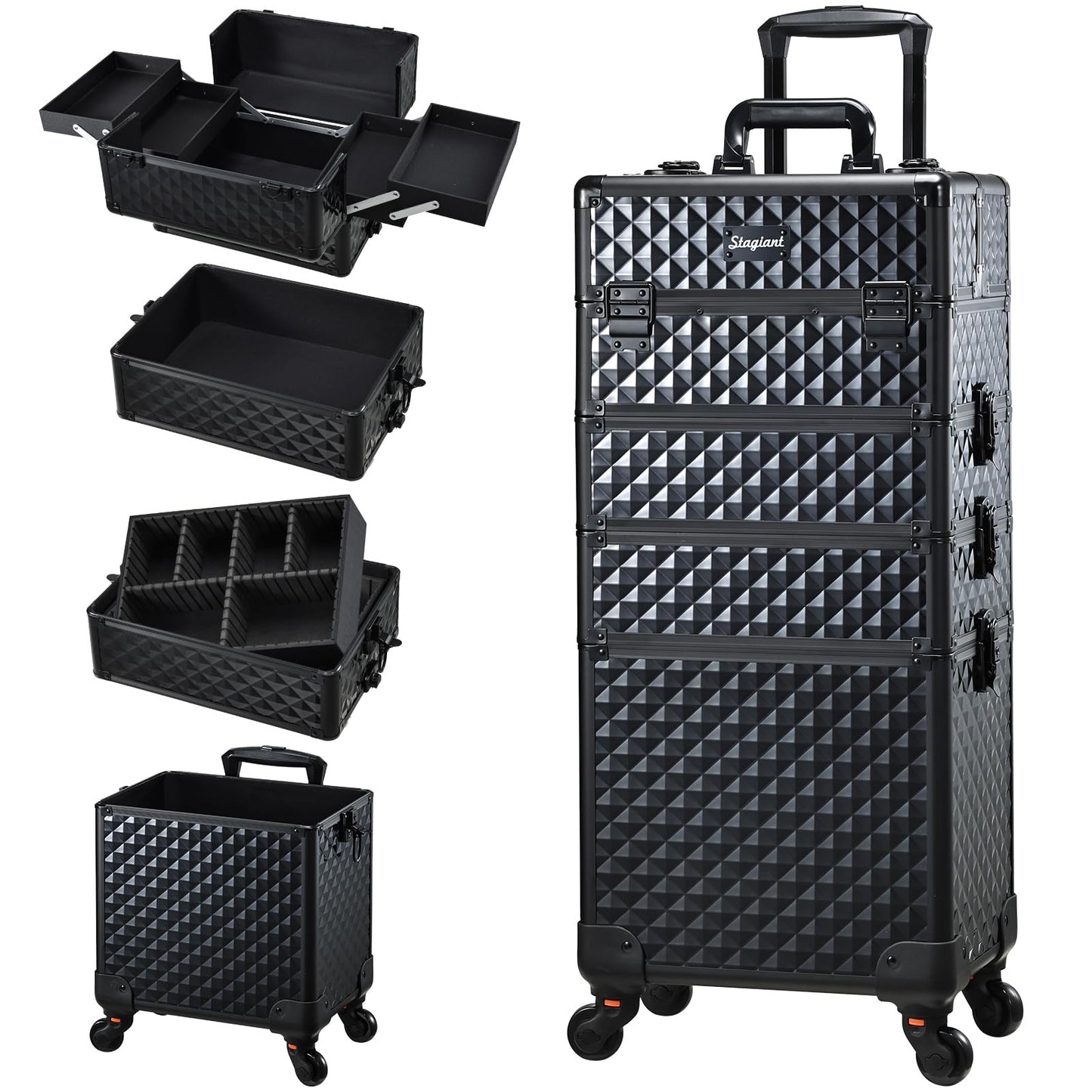 Stagiant Rolling Makeup Case Cosmetology Case on Wheels 4 in 1 Large Cosmetic Organizer Train Case Makeup Travel Case with Key Swivel Wheels Nail Artist Salon Storage Traveling Cart Trunk Black