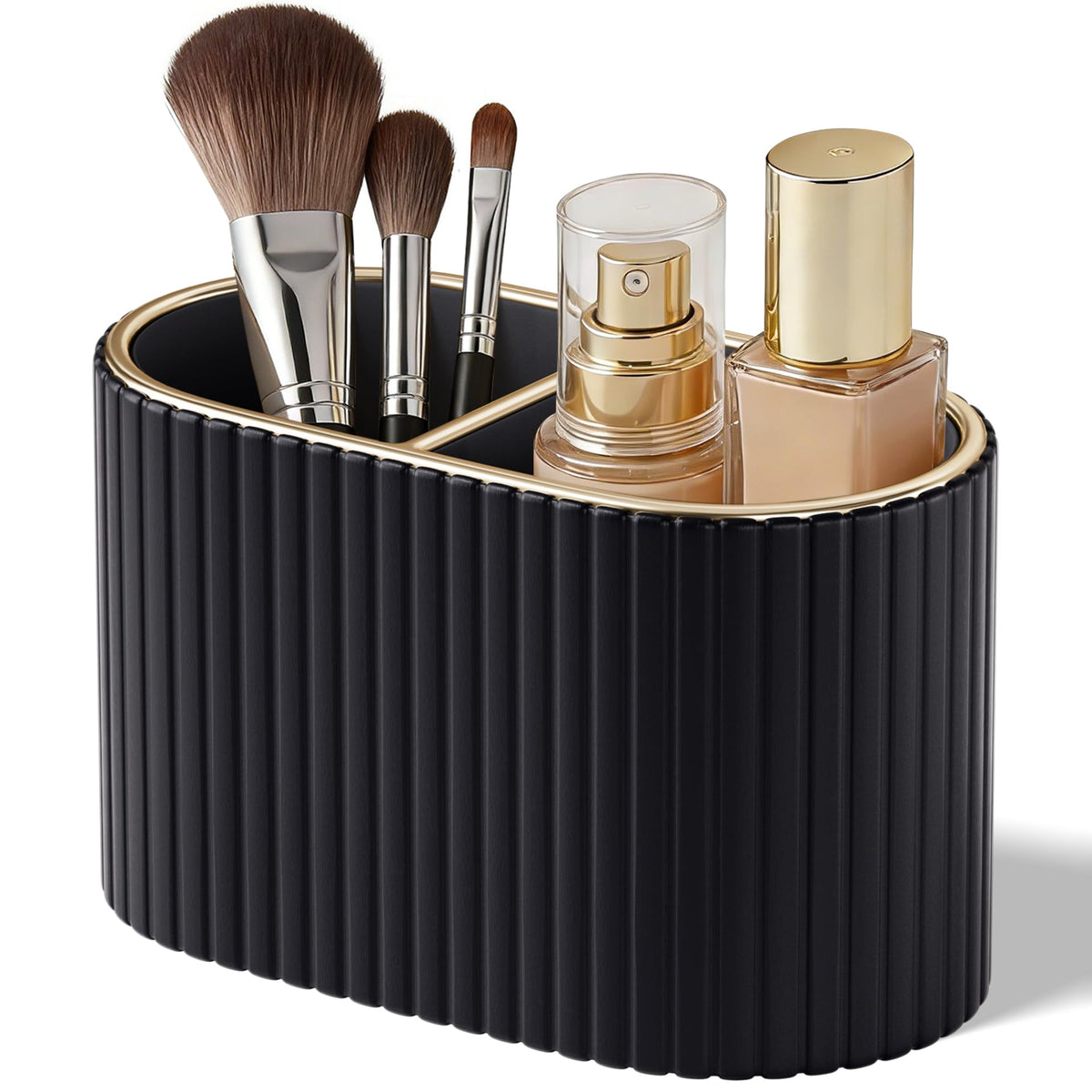 KINGFOM Makeup Brush Holder Organizer with Divider, PU Leather Vanity Brush Holder for Bathroom Countertop & Dressing Table, Cosmetic Desktop Storage Caddy for Makeup Tools Oval, Gift for Women Beige