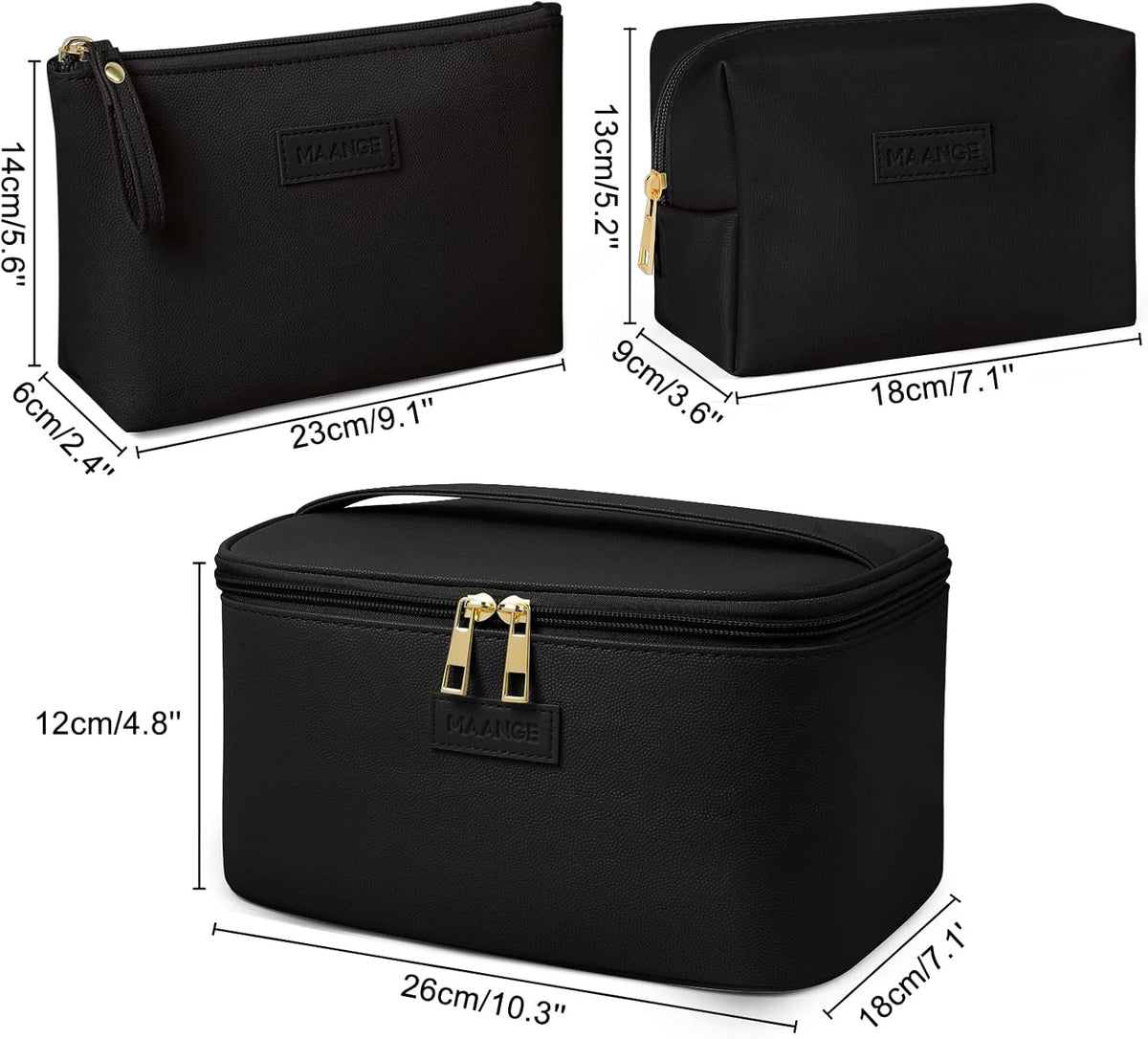 MAANGE Makeup Bag - Large Cosmetic Bag with 2pcs Small Makeup Bags Portable Leather Travel Makeup Bag Set Toiletry Bag Make Up Bags for Women and Girls (Black)