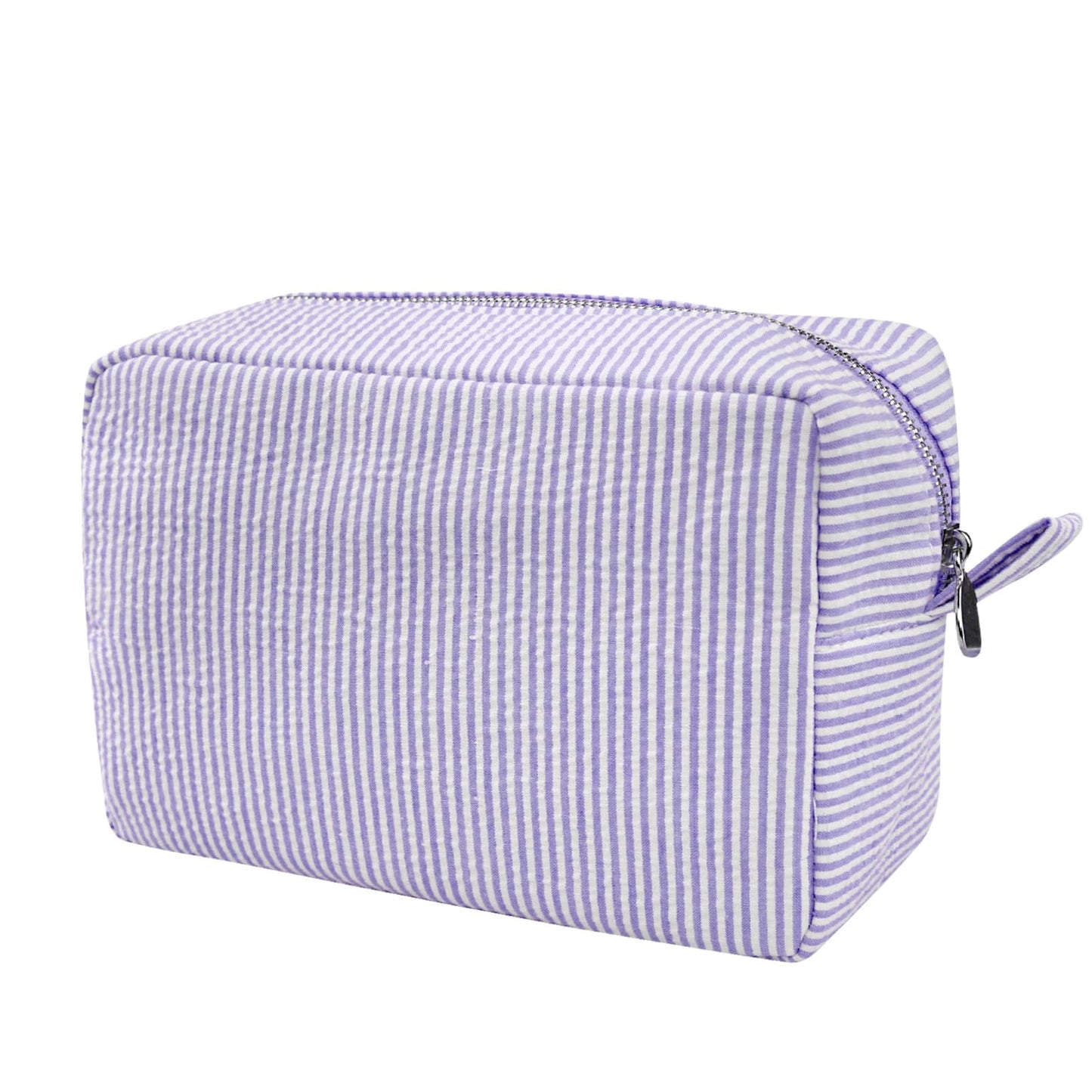 GFU Makeup Bag for Women, Cute Cosmetic Bag, Lightweight Toiletry Make up Bag, Large Seersucker Aesthetic Organizer Storage Pouch for Girls, Women and Moms Gifts, Blue