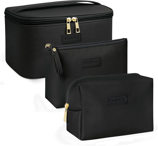 MAANGE Makeup Bag - Large Cosmetic Bag with 2pcs Small Makeup Bags Portable Leather Travel Makeup Bag Set Toiletry Bag Make Up Bags for Women and Girls (Black)