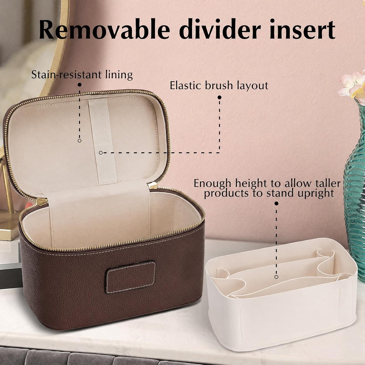Makeup Case for Women, Leather Makeup Bag Cosmetic Case with Removable Divider, Large Capacity Waterproof Portable Travel Toiletry Make up Organizer Case