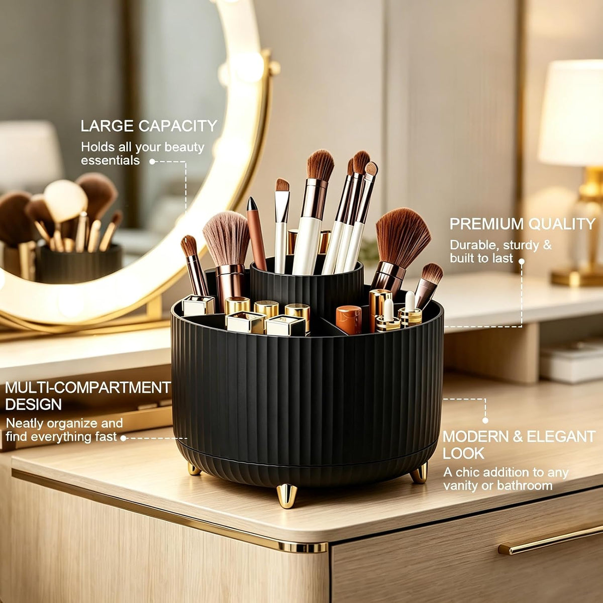 360° Rotating Makeup Brush Holder Organizer, Black