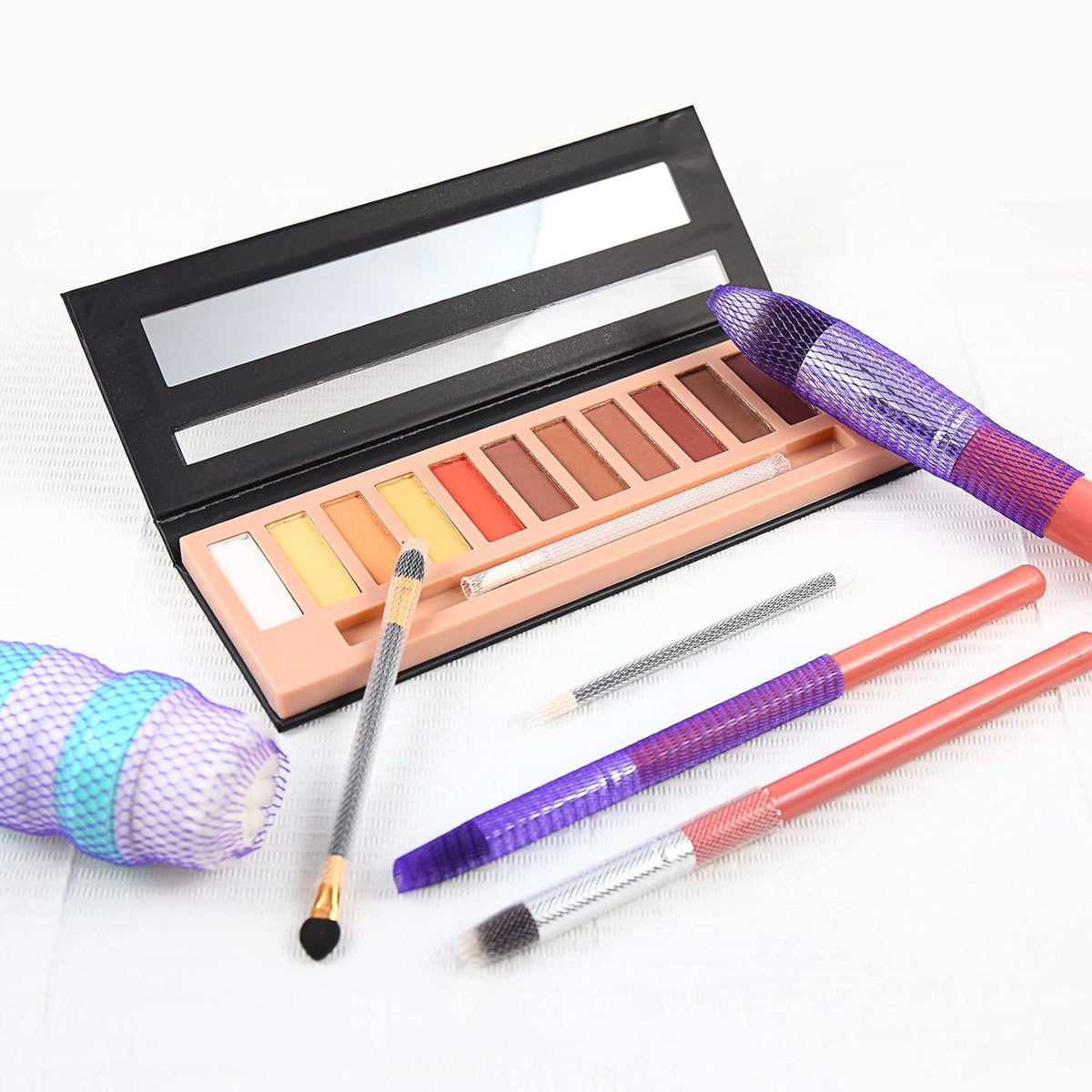 100pcs Makeup Brush Protector Cosmetic Makeup Brush Pen Guard Expandable Mesh Sleeve Covers Set Storage Small Medium Large Sizes Brushes for Travel (Purple and White)