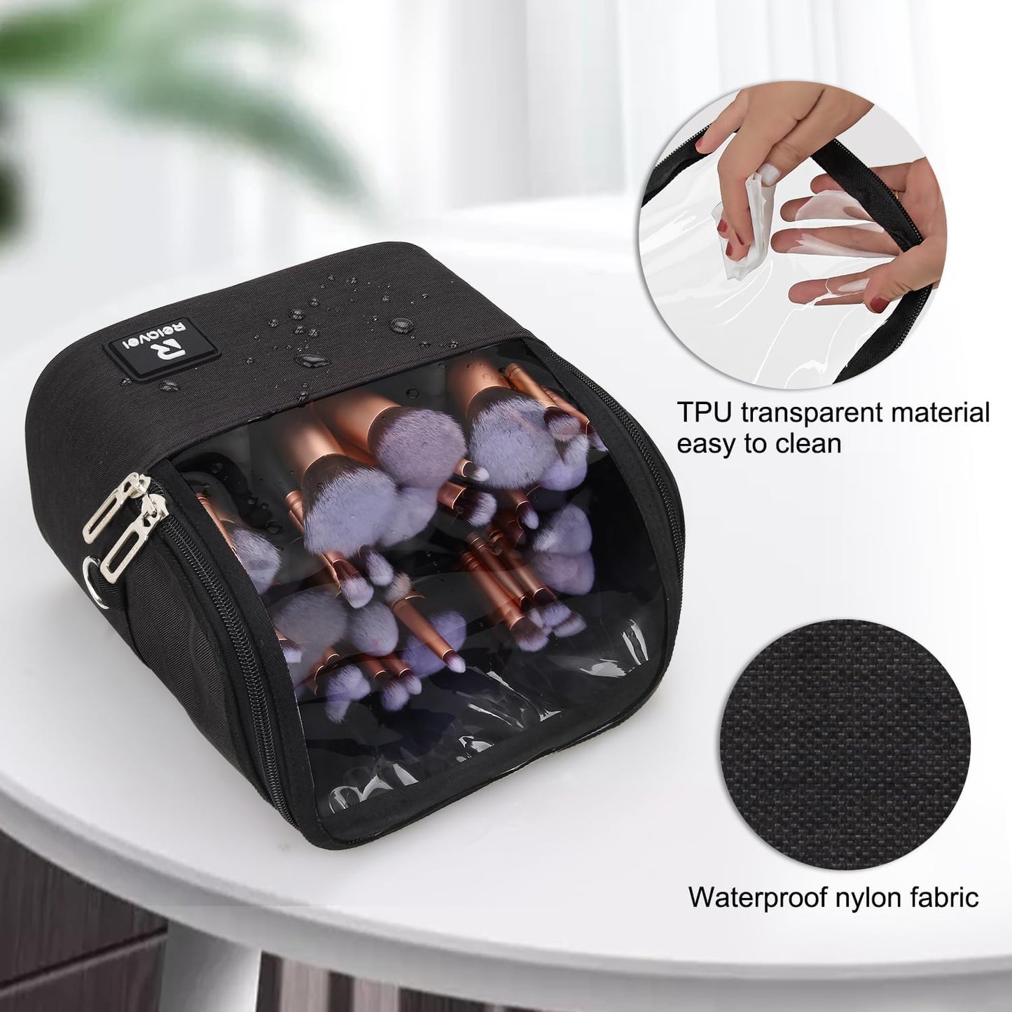 Makeup Brush Bag, Stand-up Makeup Brush Holder with Adjustable Divider
