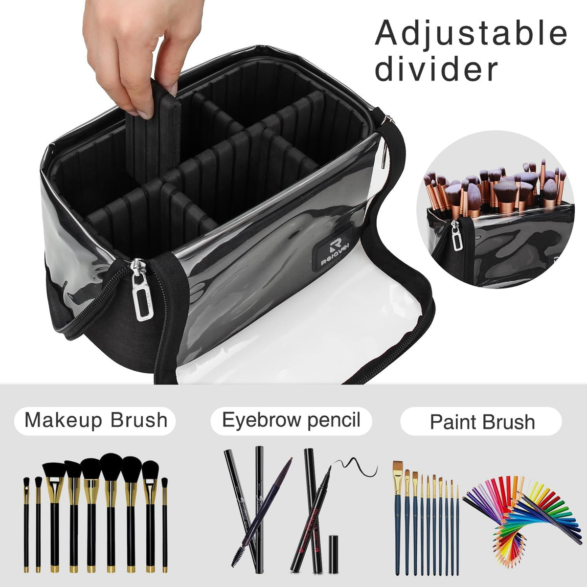 Makeup Brush Bag, Stand-up Makeup Brush Holder with Adjustable Divider