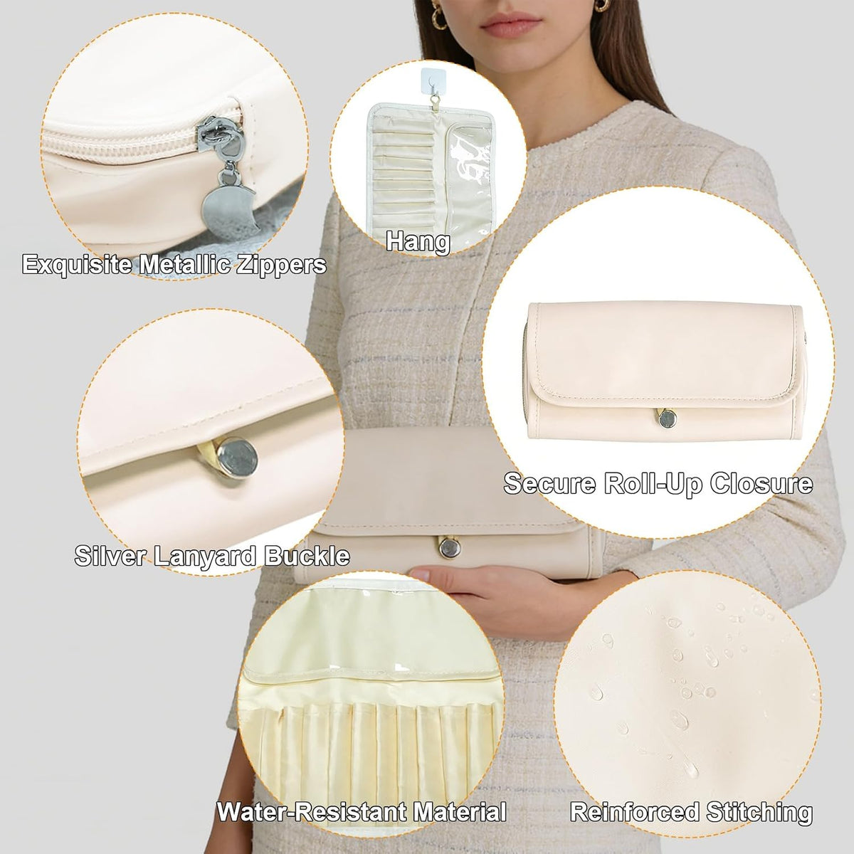 Folding Makeup Brush Bag with Separate Compartment,Rollup & Open Flat(white