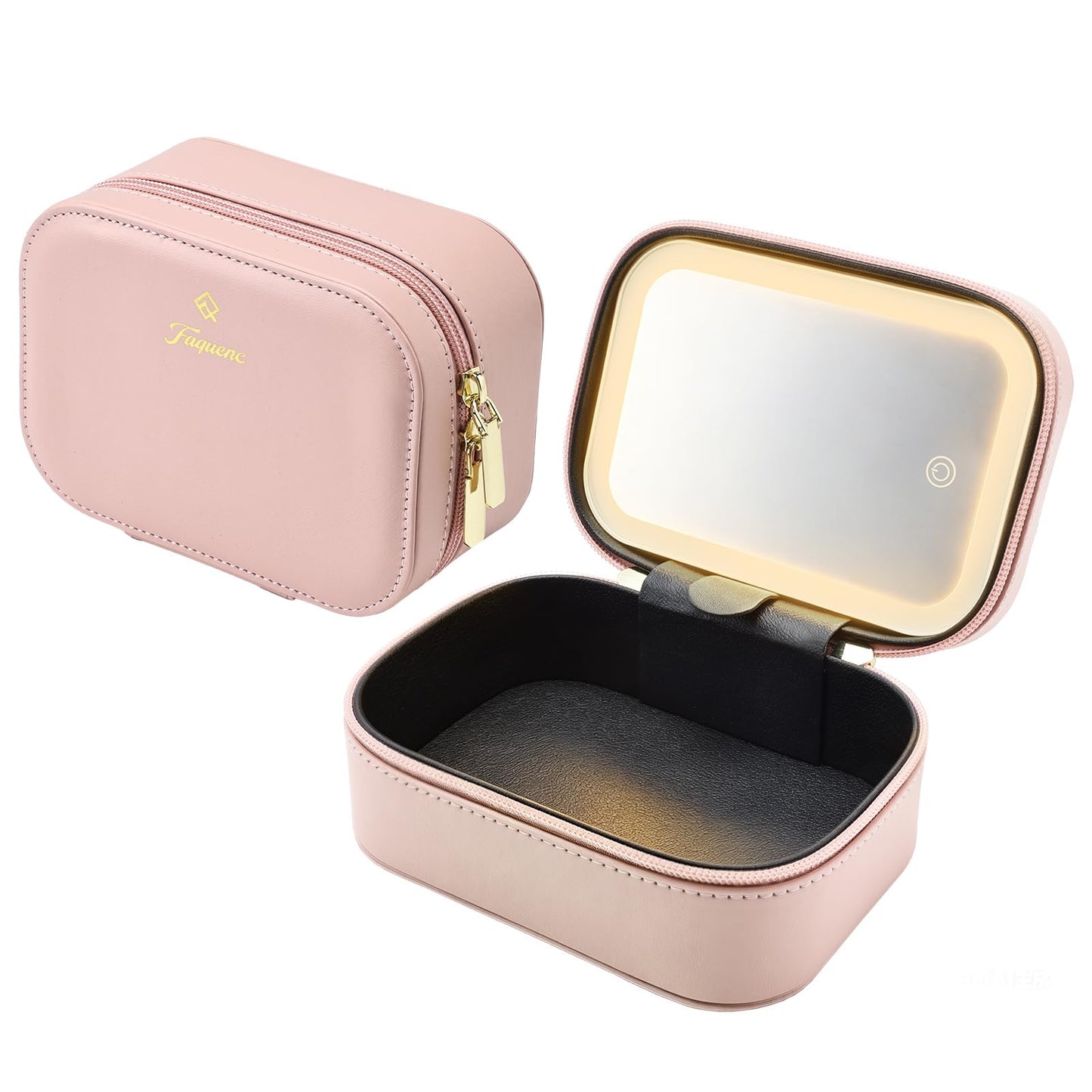 Faquenc Leather Makeup Case with LED Lighted Mirror 11.4 Inch Travel Makeup Bag Adjustable Brightness in 3 Colors Cosmetic Organizer Artist Storage Bag with Dividers Brush Holder Bag Vanity White
