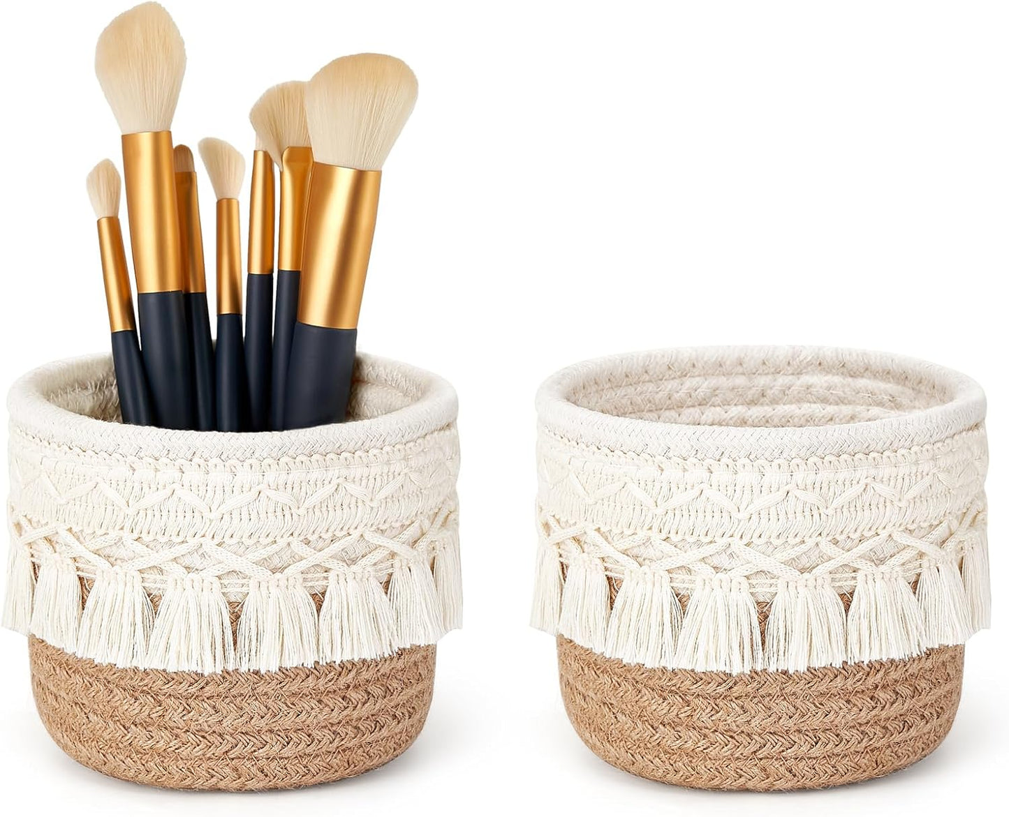 Mkono Macrame Makeup Brush Holder, Boho Mini Storage Basket Set of 2