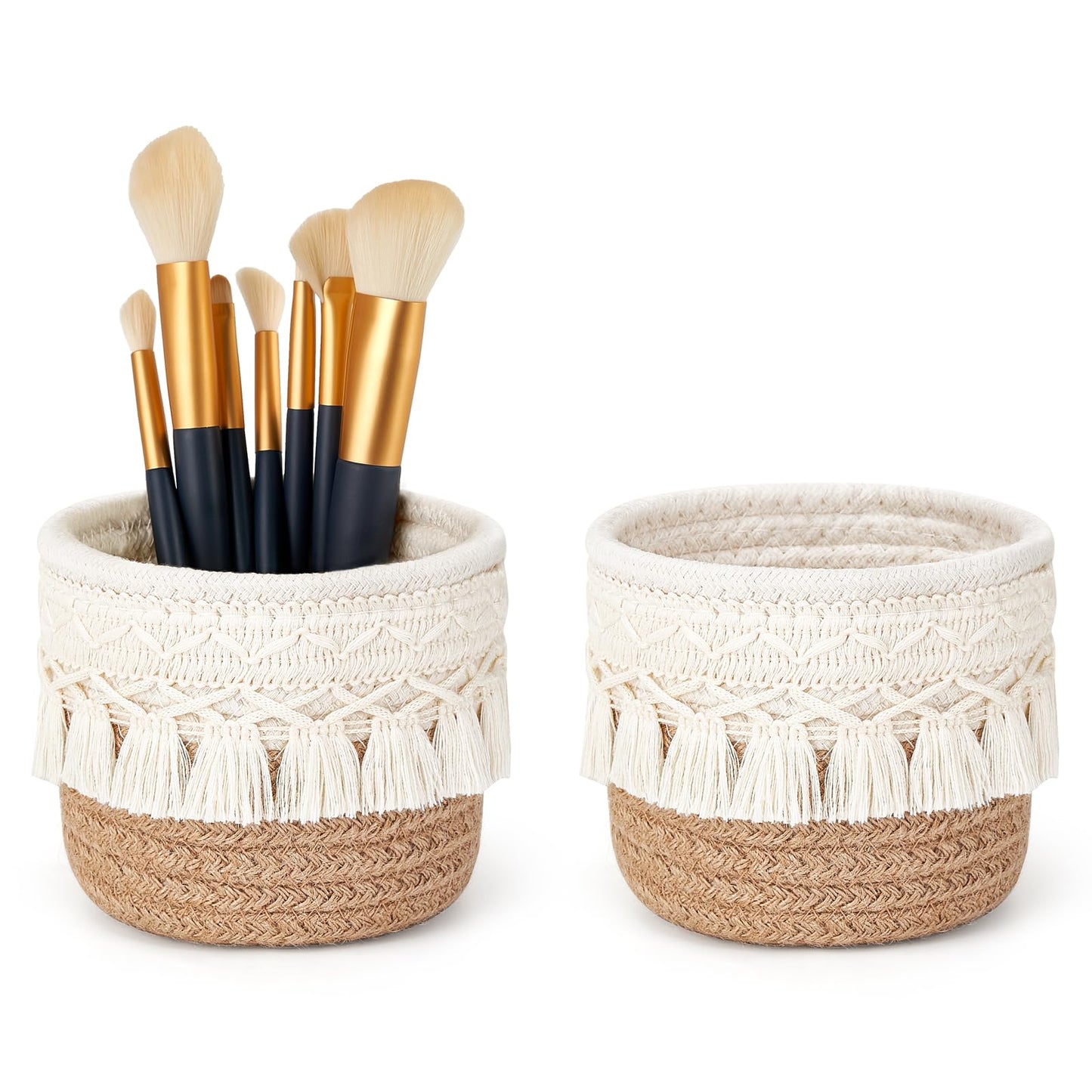 Mkono Macrame Makeup Brush Holder, Boho Mini Storage Basket Set of 2