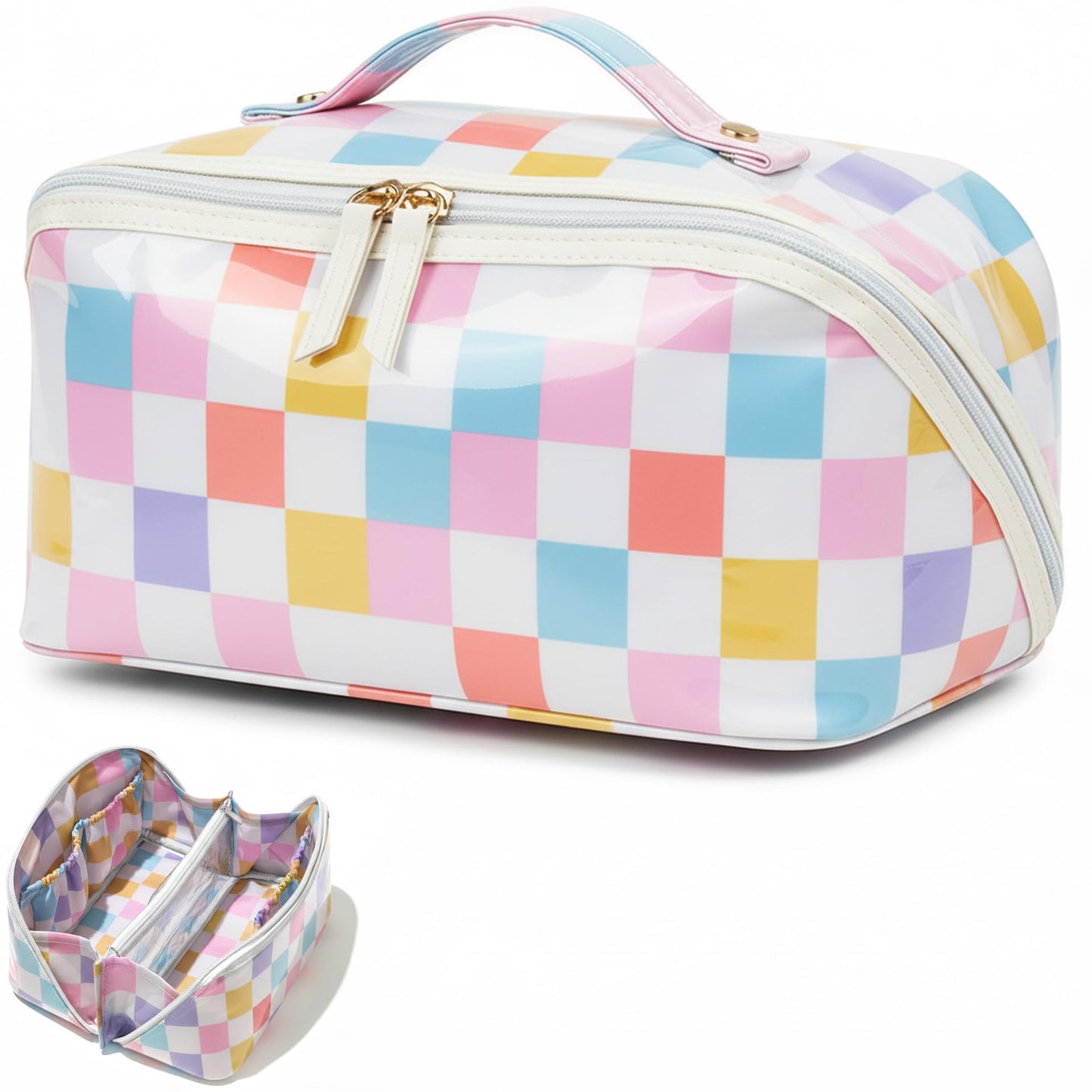 Preppy Stripe Clear Travel Makeup Bag, Waterproof Glossy PVC Cosmetic Organizer with Handle, Large Capacity Toiletry Bag for Women,Travel Organizer Zipper Pouch Beach Vacation Essentials (Pink White)