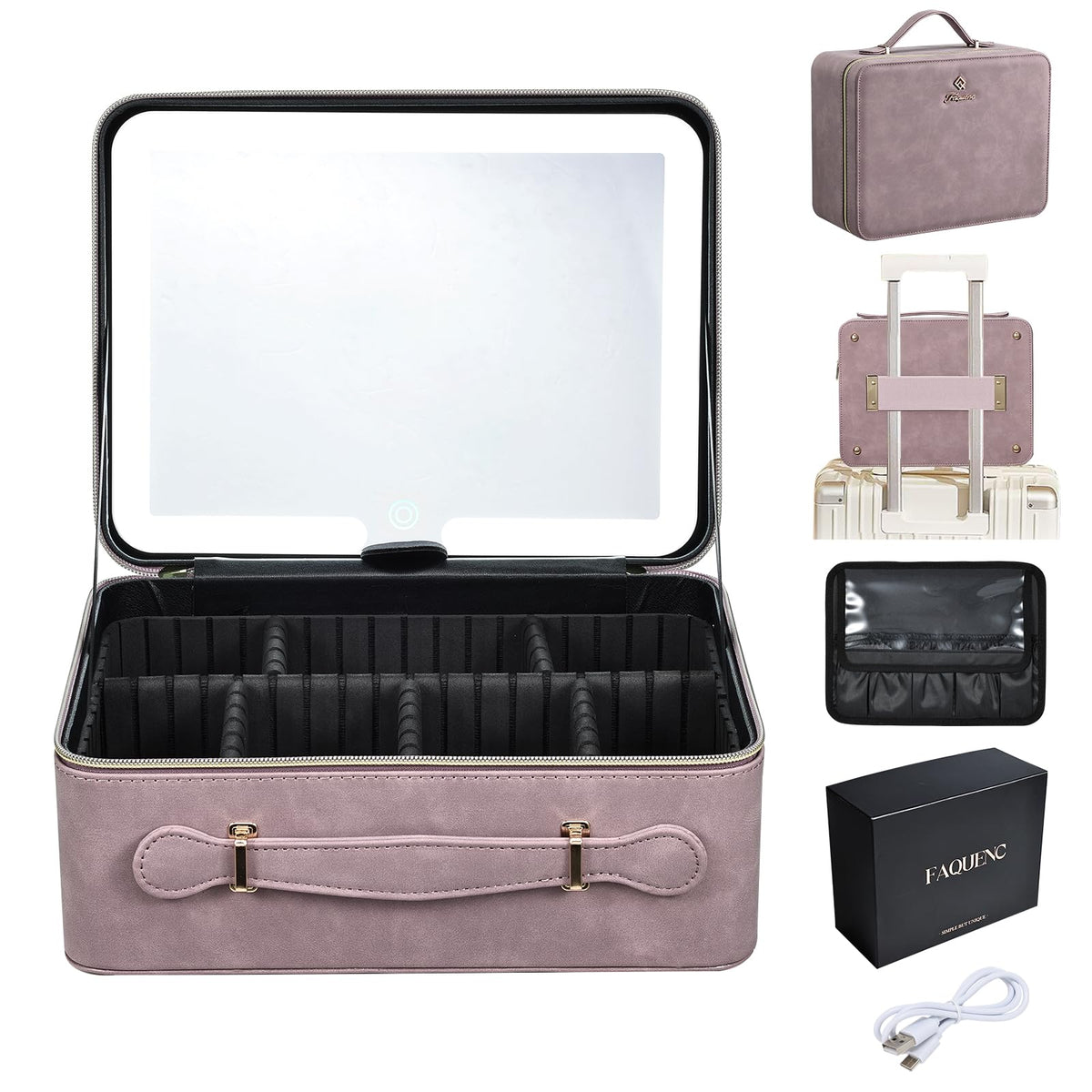 Faquenc Leather Makeup Case with LED Lighted Mirror 11.4 Inch Travel Makeup Bag Adjustable Brightness in 3 Colors Cosmetic Organizer Artist Storage Bag with Dividers Brush Holder Bag Vanity White