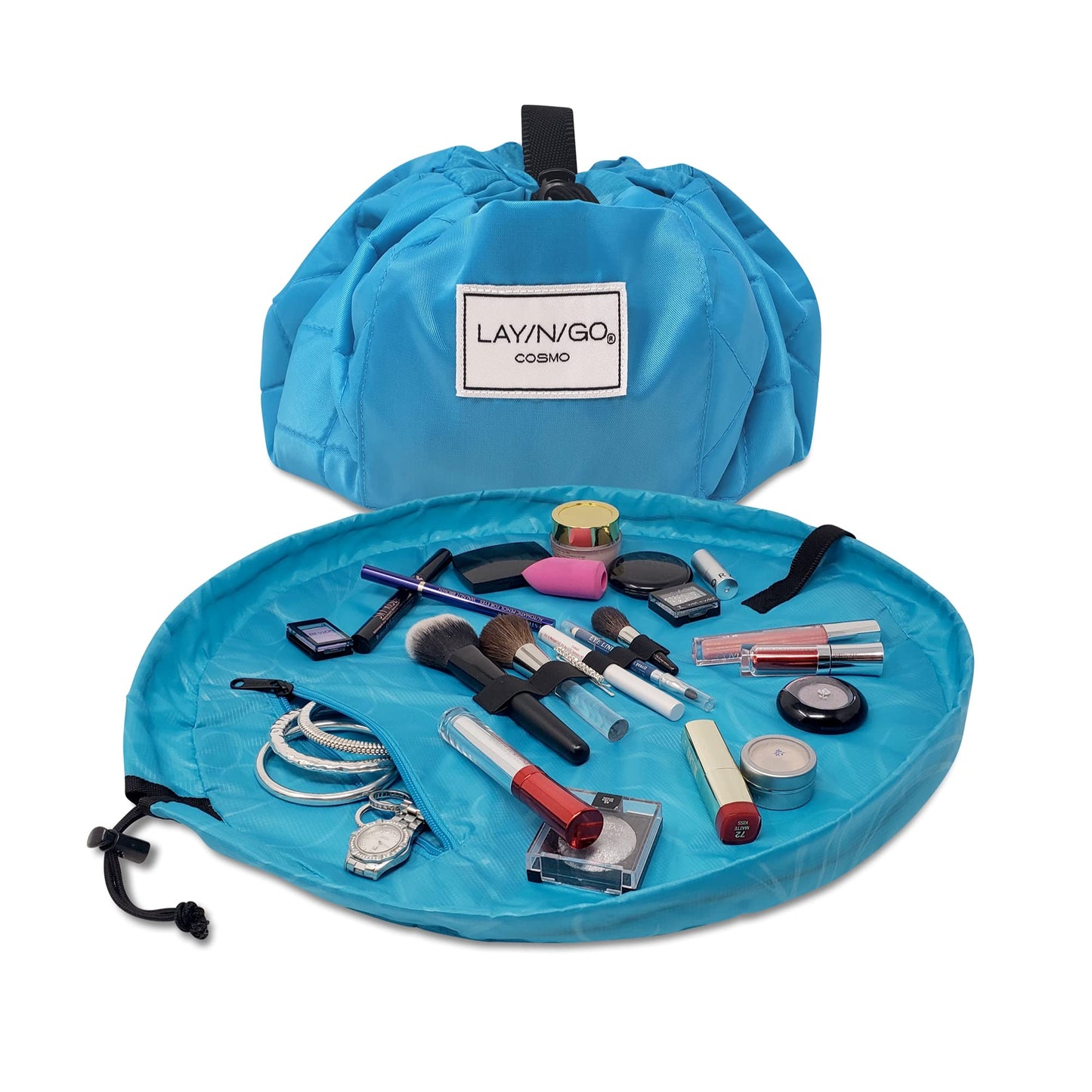 Lay-n-Go Cosmo Layflat Drawstring Cosmetic & Makeup Bag Organizer w/Zipper Pocket, Brush Loops & More, Cinch to Close, Lay Flat to Use, Durable, Machine Wash, Travel Toiletry Bag (20", Dogs)