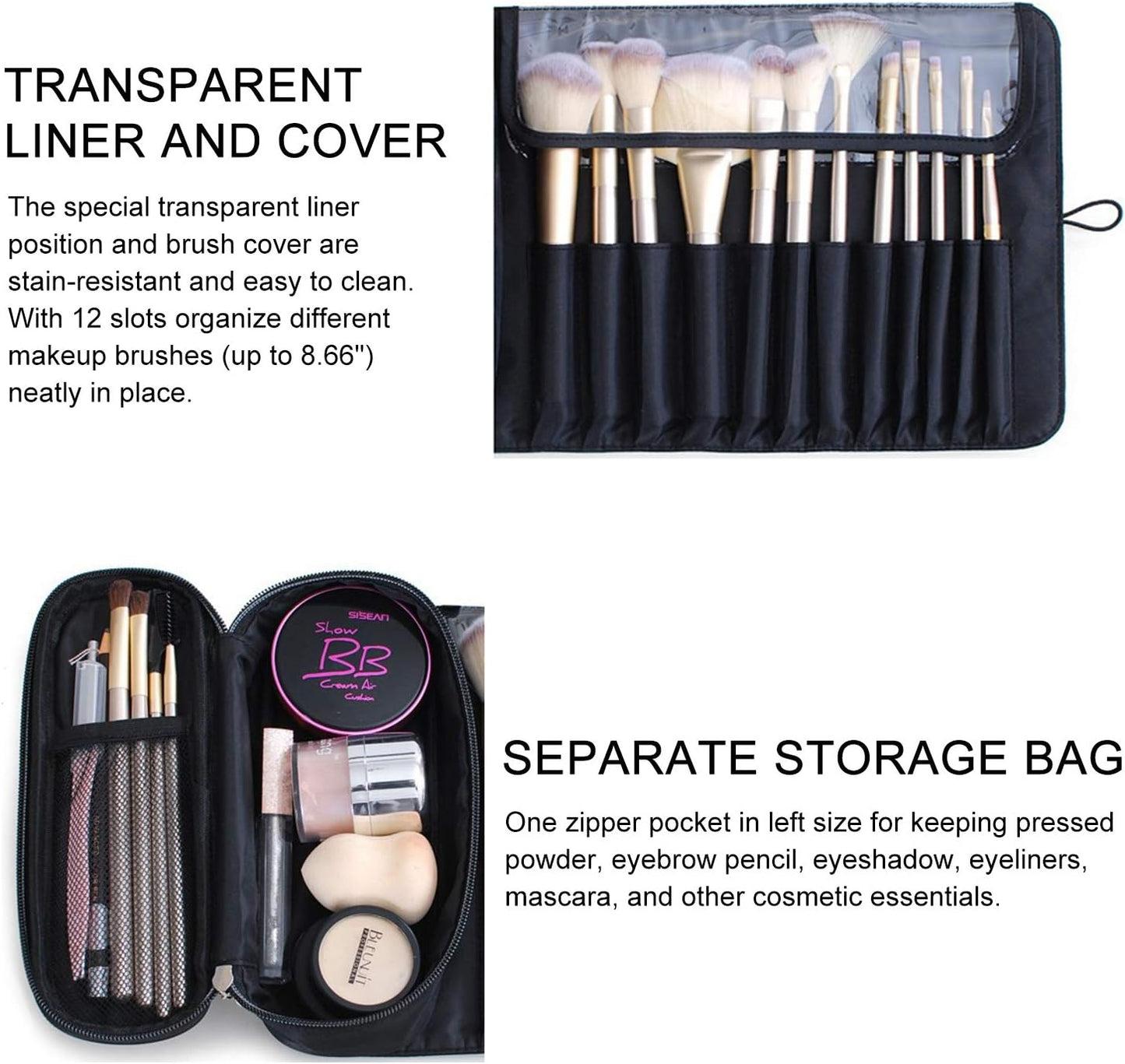 Makeup Brush Bag, Travel Makeup Brush Case Makeup Brush Holder Organizer Cosmetic Bag Portable Roll Up Brush Storage Bag for Makeup Brushes and Cosmetic Essentials (Black)