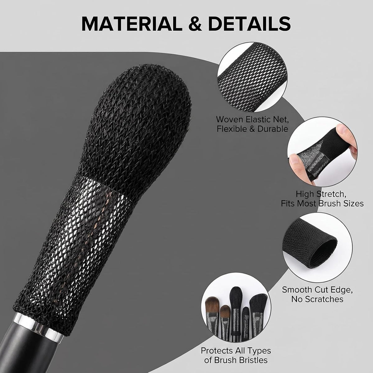 VASANA 50Pcs 12cm/4.7inch Length Black Plastic Mesh Makeup Brush Protector Expandable Mesh Sleeve Covers Cosmetic Beauty Brush Net Guard for Storage Travel (Not include Brushes)