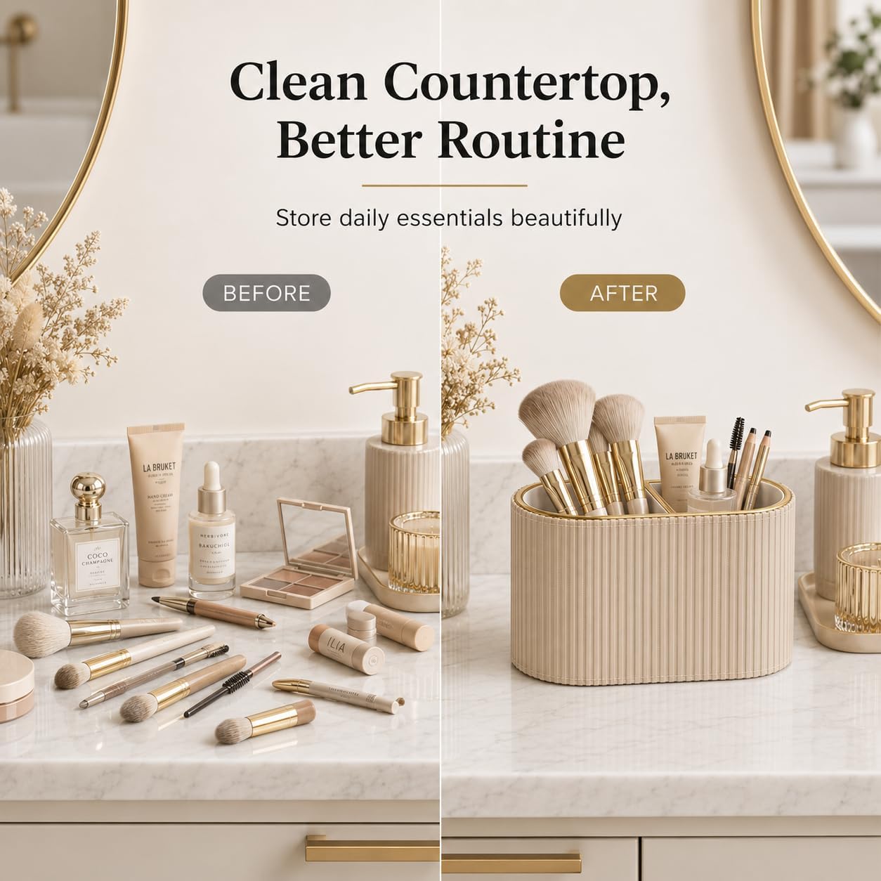 GORESE Makeup Brush Holder Organizer with 2 Slots, PU Leather Small Make Up Organizer for Vanity Countertop, Makeup Brush Cup for Bathroom & Dresser Counter, Gift for Women(Beige)