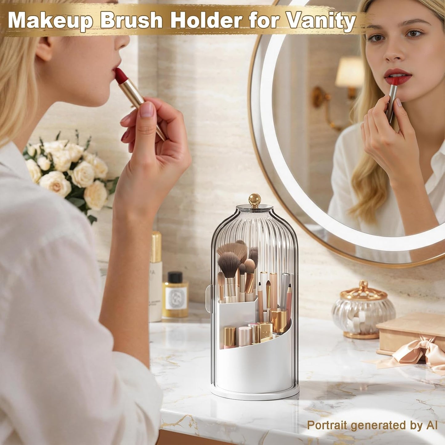 Covered Makeup Brush Holder with Sliding Lid,360° Rotating Makeup Organizer