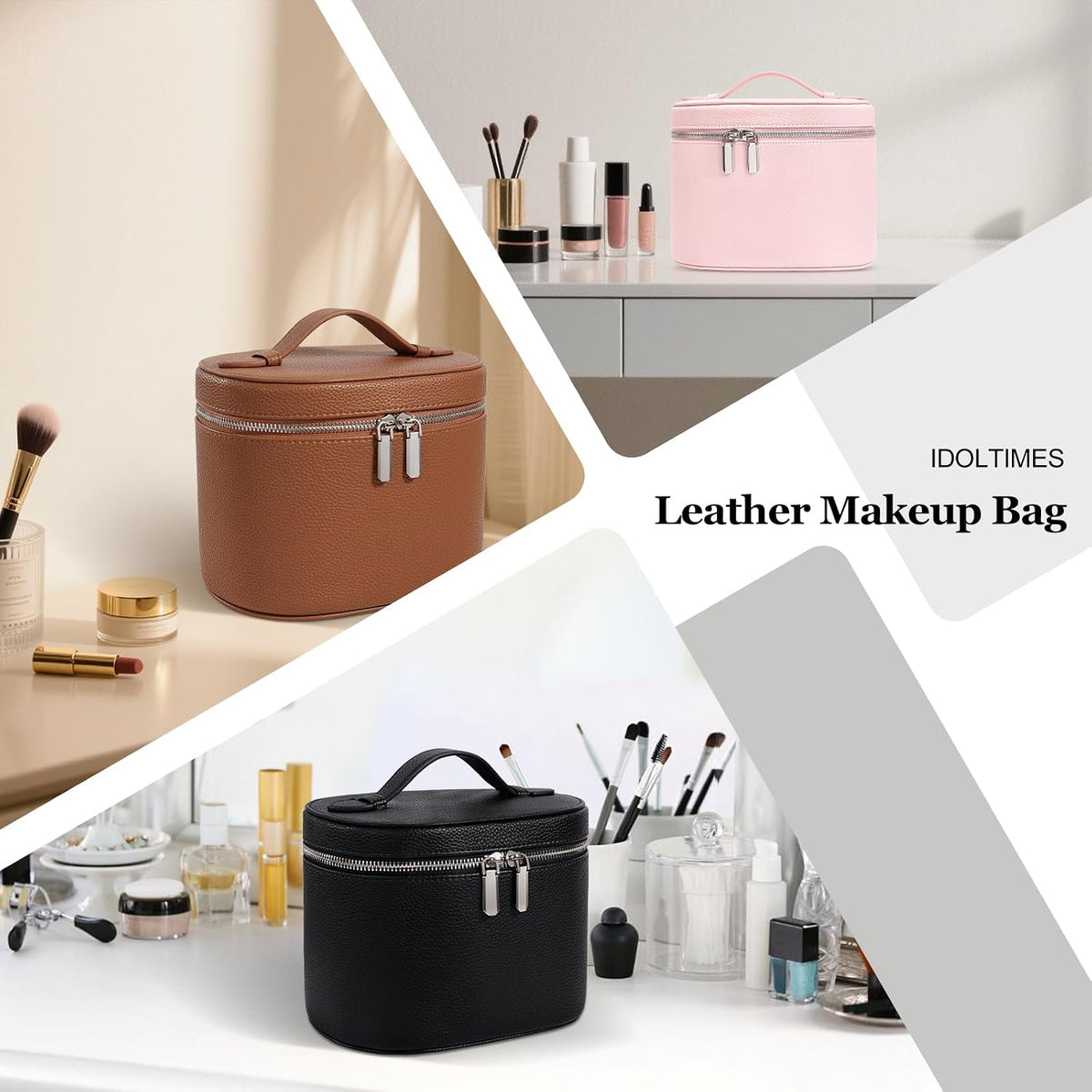 Cosmetic Case, Leather Makeup Bag, Portable Handheld Makeup Case, Detachable Compartments