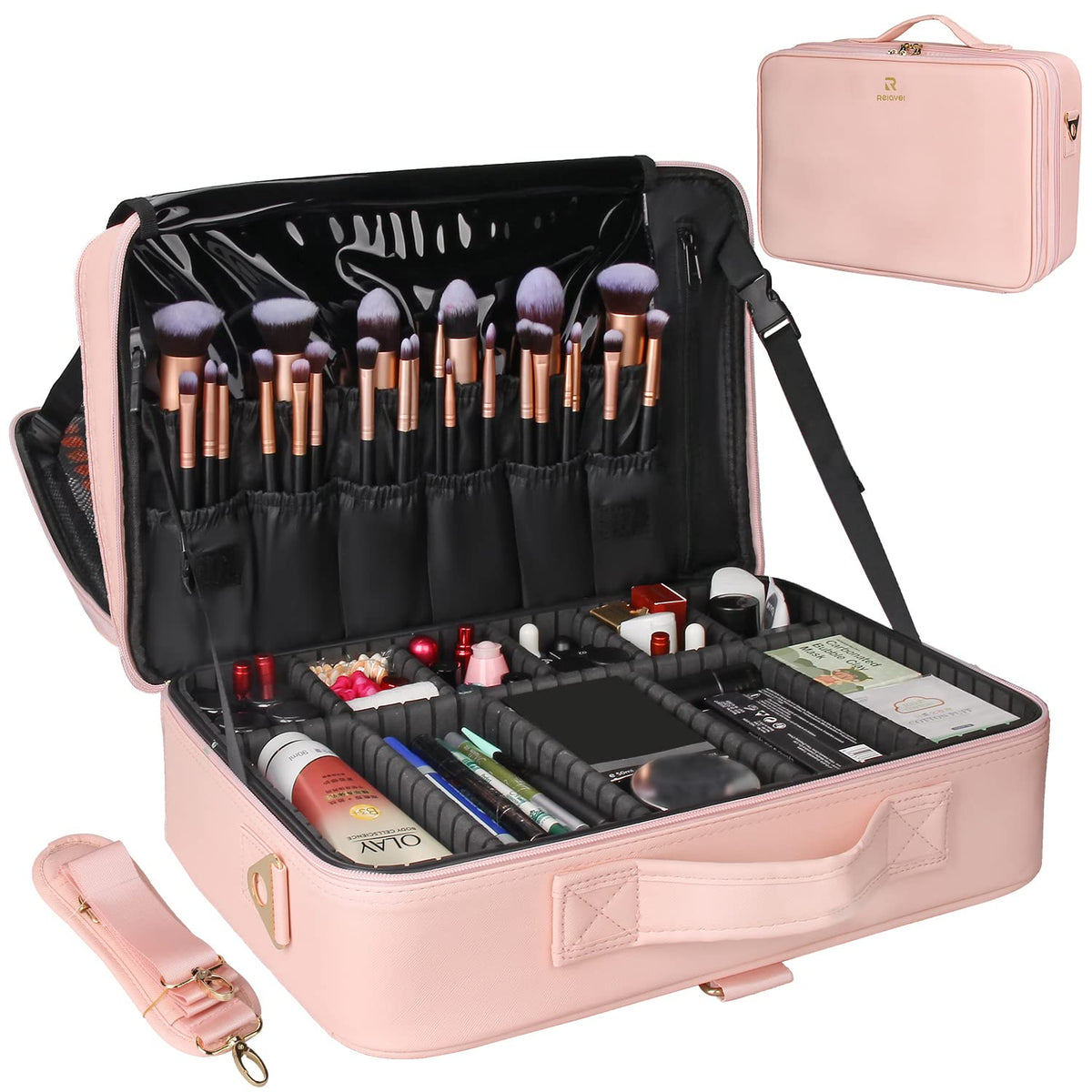 Relavel Makeup Case Large Makeup Bag Professional Train Case 16.5 inches Travel Cosmetic Organizer Brush Holder Waterproof Makeup Artist Storage Box, 3 Layer Large Capacity, with Adjustable Strap