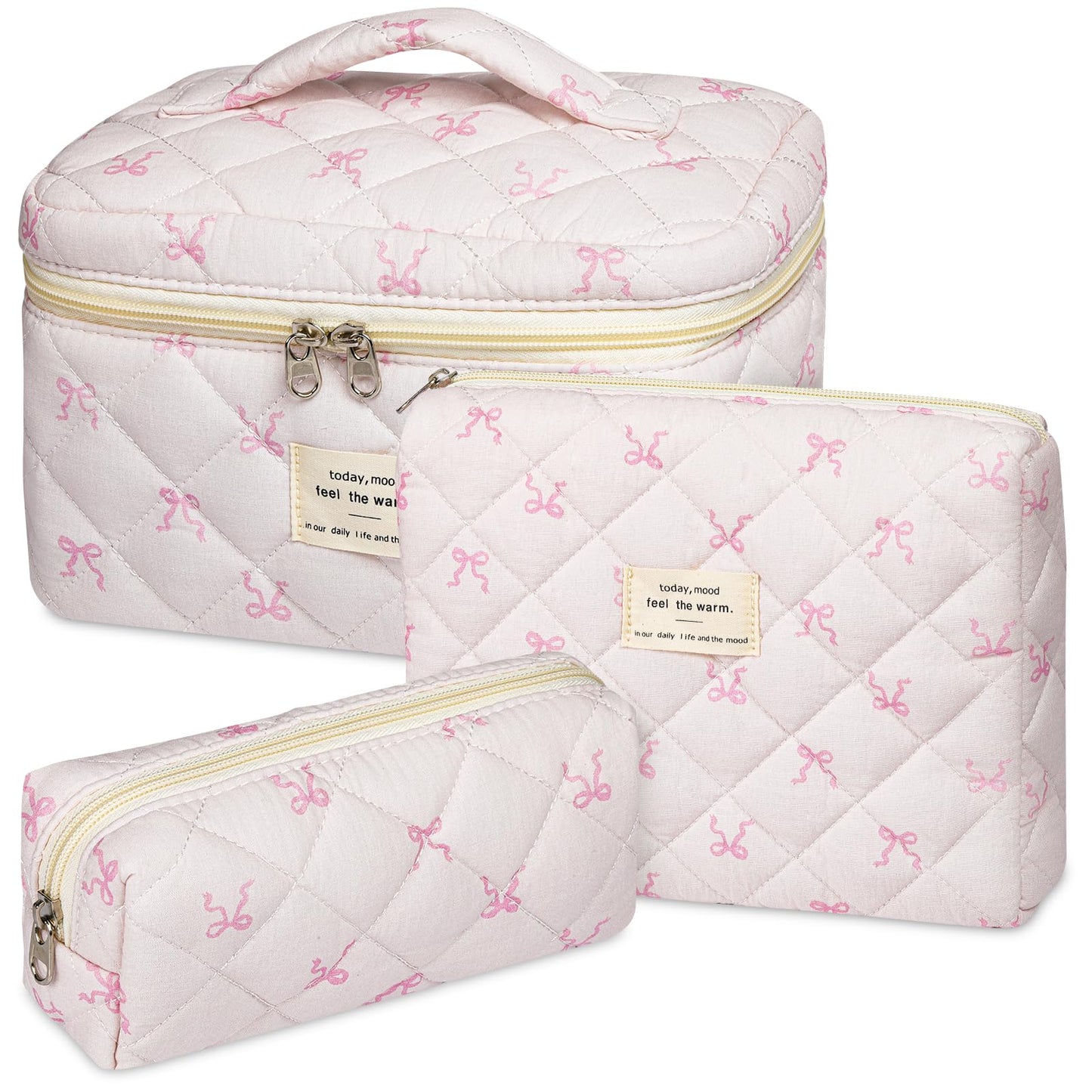 senbowe Floral Makeup Bag, 3 Pack Large Cotton Quilted Makeup Bag Set, Cute Floral Coquette Aesthetic Toiletry Bag Make Up Cosmetic Bag for Women, Toiletry Travel Make Up Organizer Bag