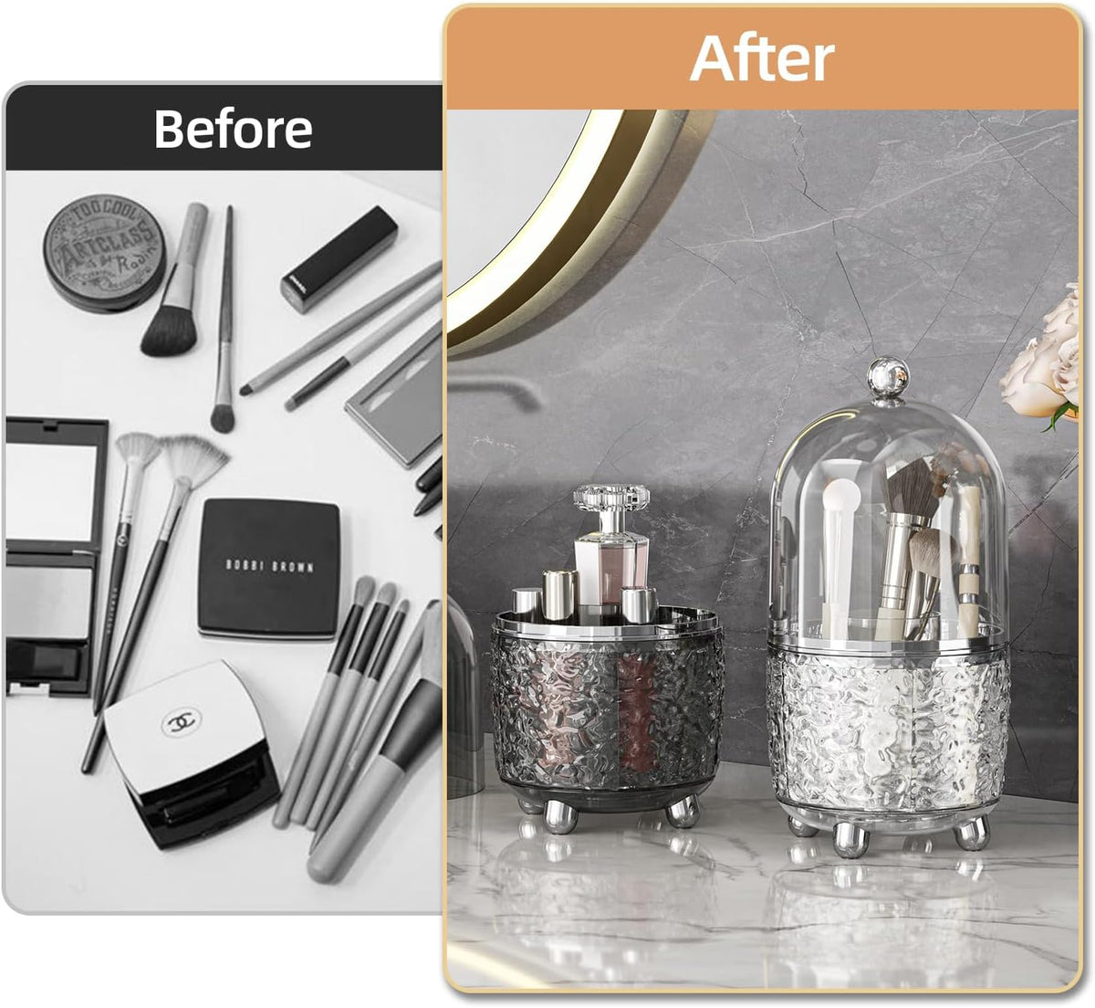 Makeup Brush Holder with Lid, 360° Rotating Makeup Brush Holder for Vanity, Dustproof Spinning Makeup Brush Organizer with Lid for Bathroom Countertop, Cosmetic Tools Organizer with Cover (Clear)