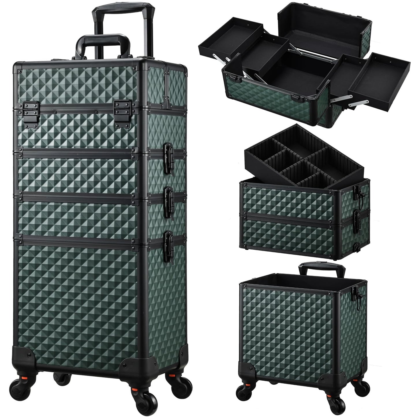 Stagiant Rolling Makeup Case Cosmetology Case on Wheels 4 in 1 Large Cosmetic Organizer Train Case Makeup Travel Case with Key Swivel Wheels Nail Artist Salon Storage Traveling Cart Trunk Black