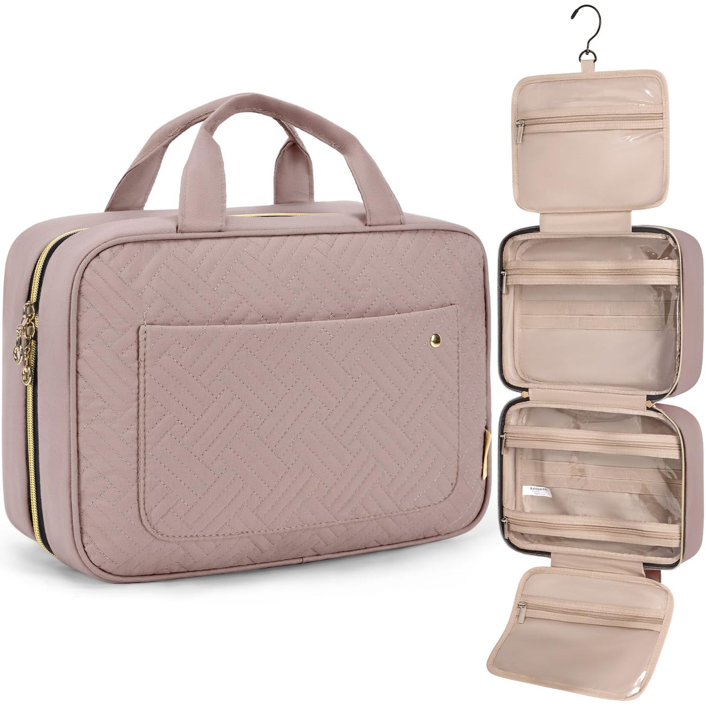 BAGSMART Toiletry Bag Travel Bag with Hanging Hook, Water-resistant Makeup Cosmetic Bag Travel Organizer for Accessories, Shampoo, Full-size Container, Toiletries (Baby Pink, Medium)