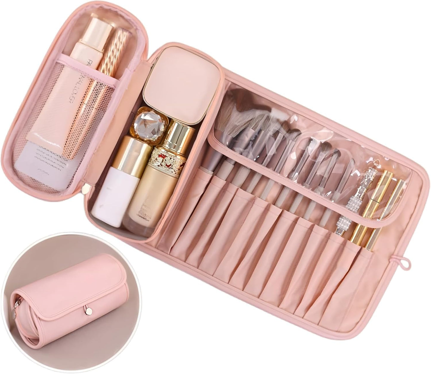 Luxury Leather Makeup Brush Case, Professional Cosmetic Organizer Roll Bag, Travel Storage for Home and Work (brown)