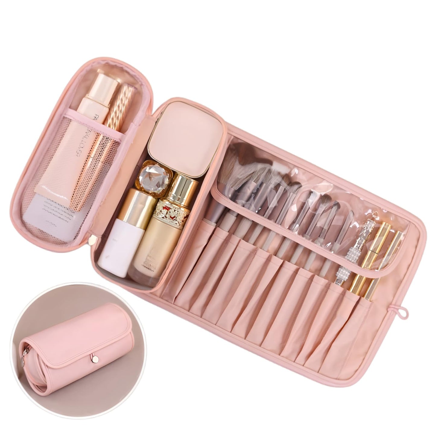 Luxury Leather Makeup Brush Case, Professional Cosmetic Organizer Roll Bag, Travel Storage for Home and Work (brown)