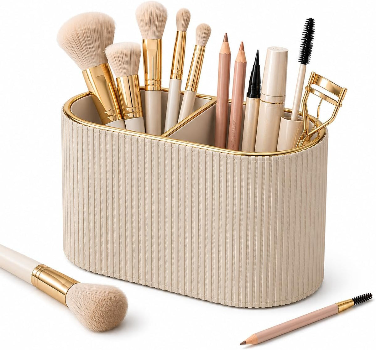 GORESE Makeup Brush Holder Organizer with 2 Slots, PU Leather Small Make Up Organizer for Vanity Countertop, Makeup Brush Cup for Bathroom & Dresser Counter, Gift for Women(Beige)