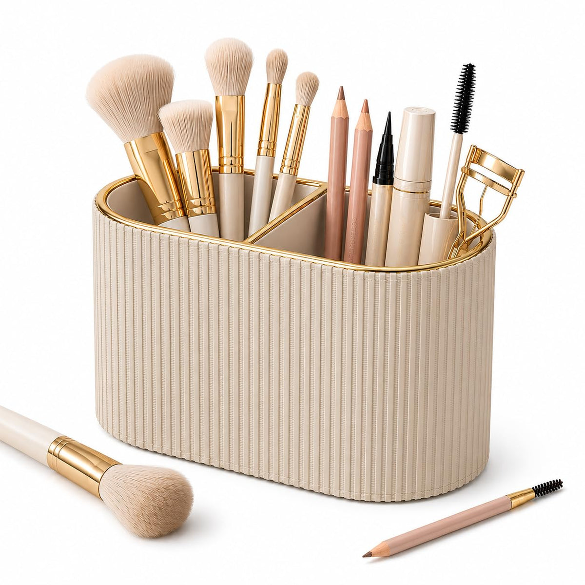 GORESE Makeup Brush Holder Organizer with 2 Slots, PU Leather Small Make Up Organizer for Vanity Countertop, Makeup Brush Cup for Bathroom & Dresser Counter, Gift for Women(Beige)