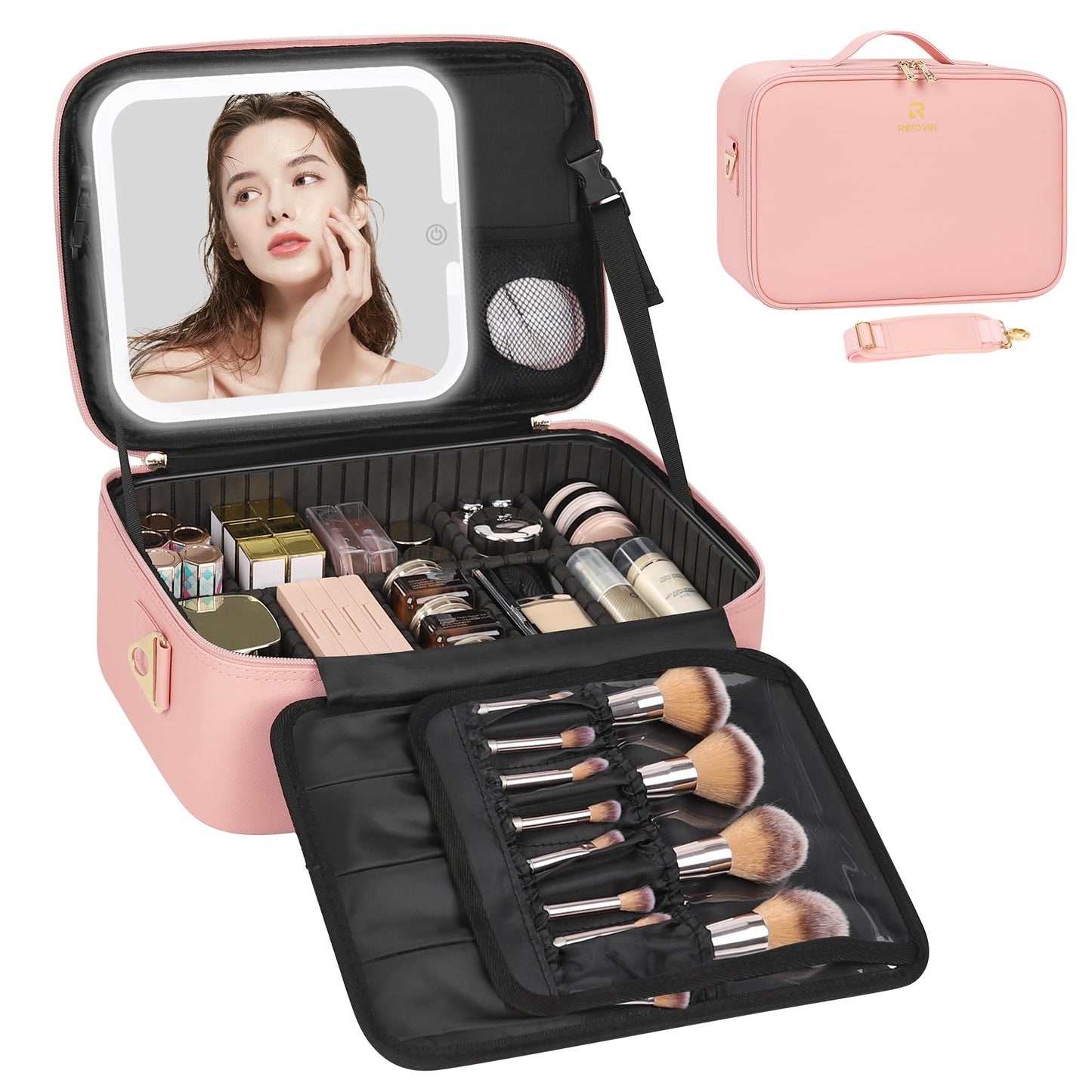 Relavel Travel Makeup Bag With LED Mirror, Cosmetic Train Case with Light up Mirror, Portable Makeup Artist Organizer Bag with Adjustable Dividers, Makeup Brush Holder Storage, Black