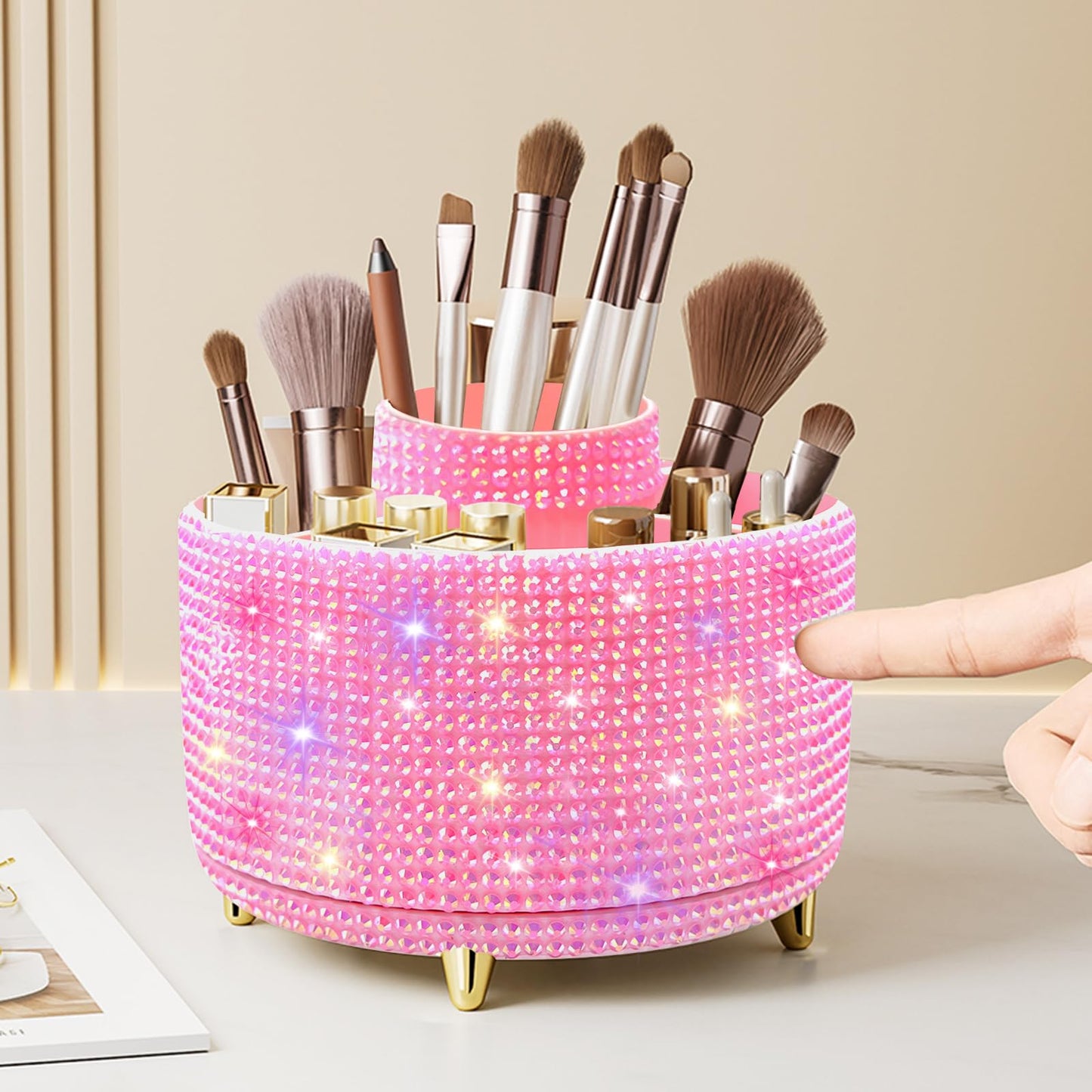 Diesisa Makeup Brush Holder Organizer,360° Rotating Makeup Brush Organizer,5 Slot Make up Brushes Cup for Cosmetics, Nail Polish, Art Supply, Bathroom Vanity Desktop Organizer - White