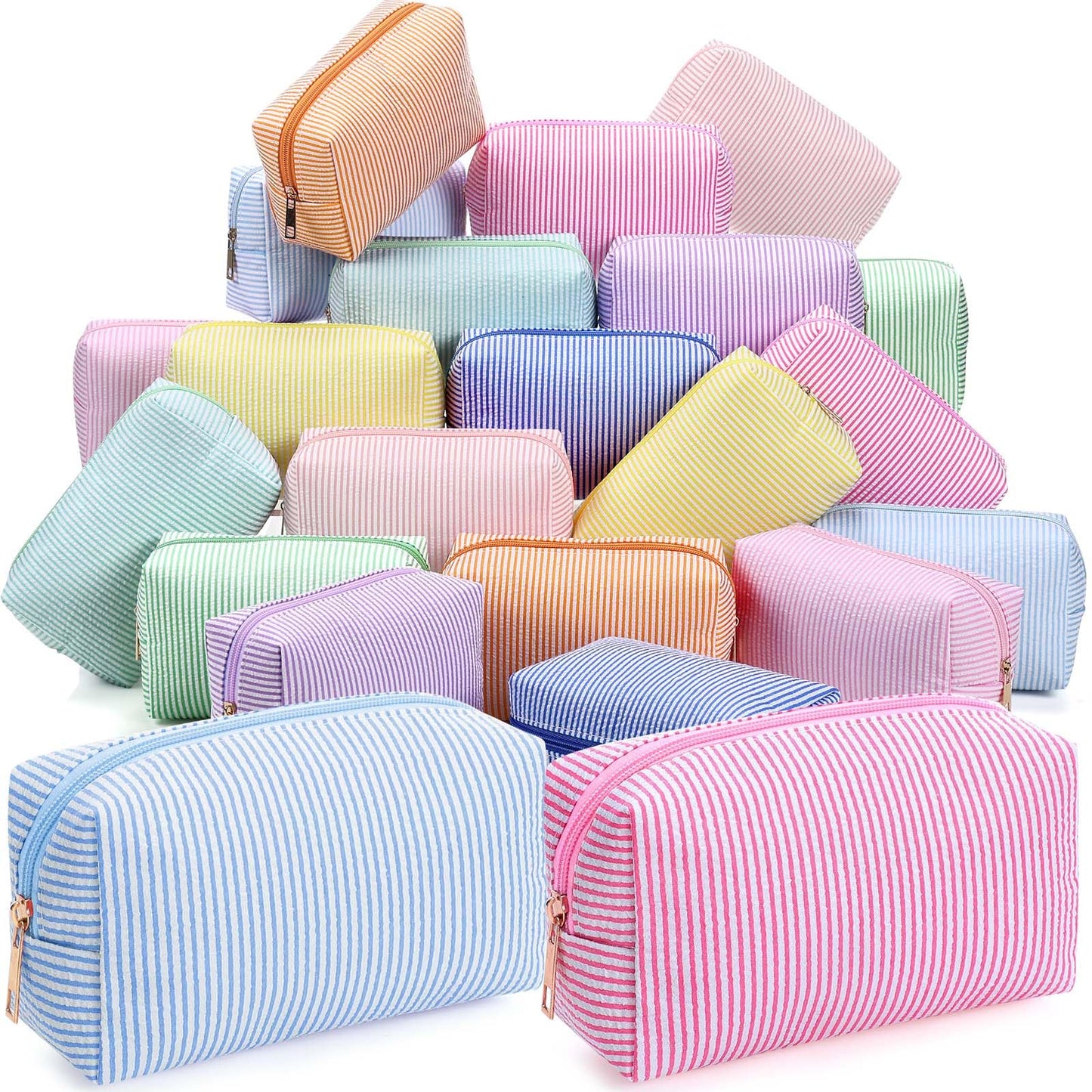 Sanwuta 6 Pcs Seersucker Cosmetic Bags Bulk, Striped Zippered,Khaki