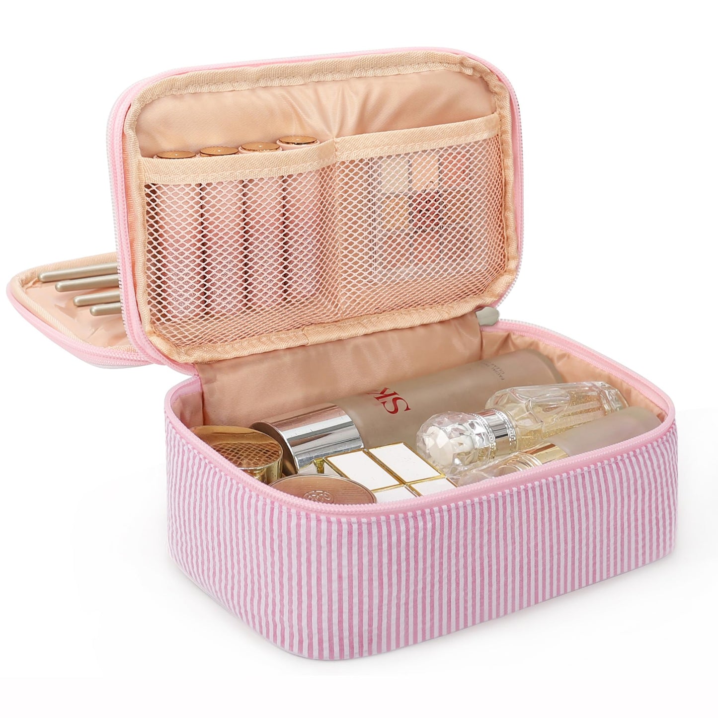 Relavel Travel Makeup Bag, Small Floral Cosmetic Bag with Makeup Brush Compartment, Portable Makeup Pouch for Women, Double Layer Makeup Organizer Bag Cute Toiletry Bag