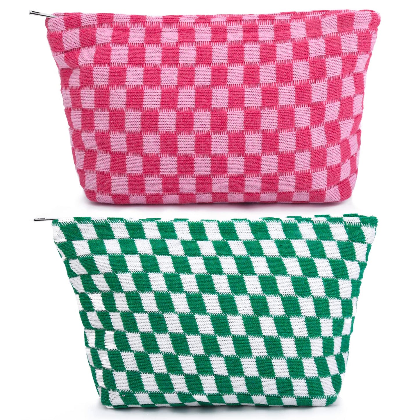 SOIDRAM 2 Pieces Makeup Bag Large Checkered Cosmetic Bag Capacity Canvas Mix Travel Toiletry Bag Organizer Cute Makeup Brushes Aesthetic Accessories Storage Bag for Women, Checkered Mix Rose Red