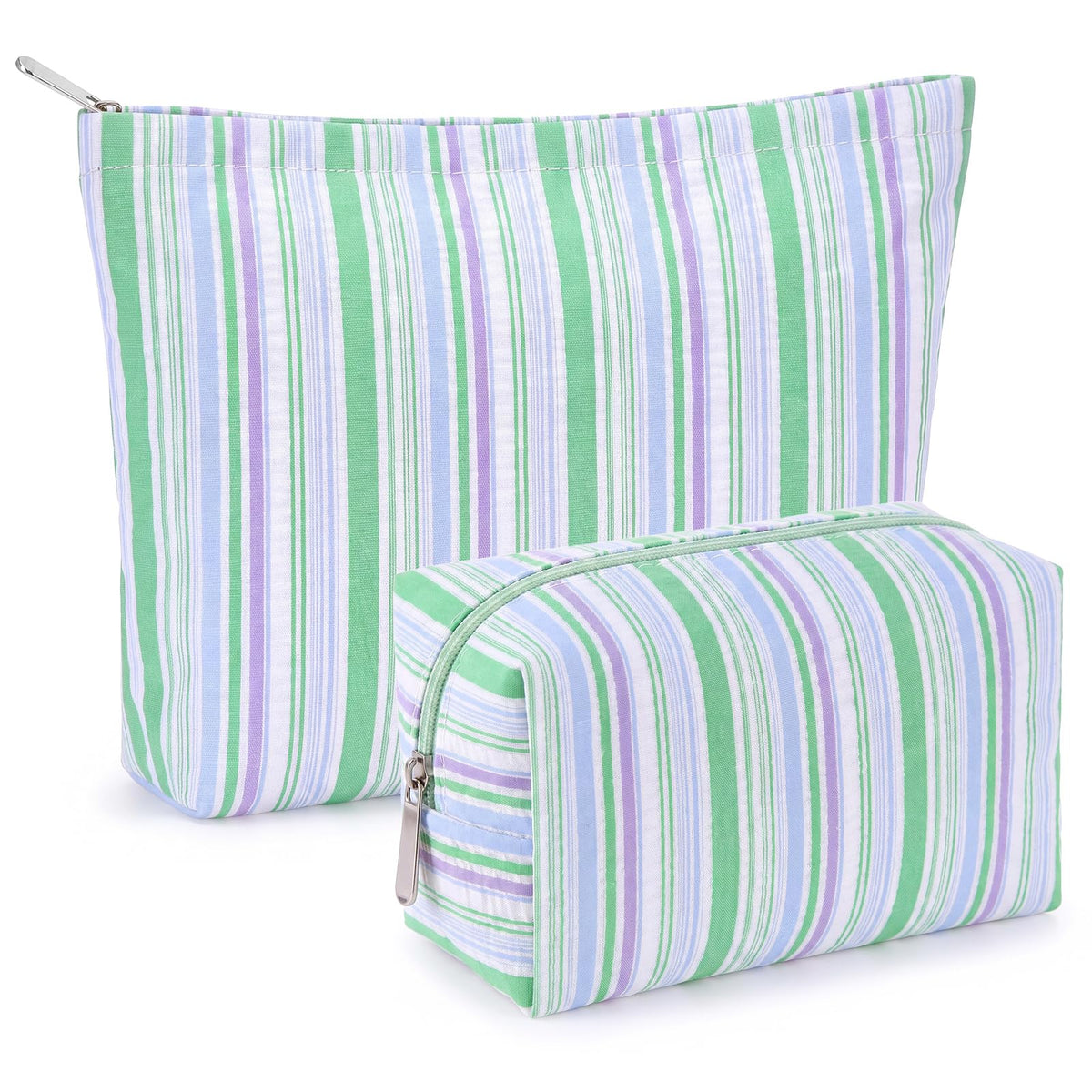 Huhumy 2 Pcs Makeup Bag Set for Women, Khaki, Thin Striped Seersucker