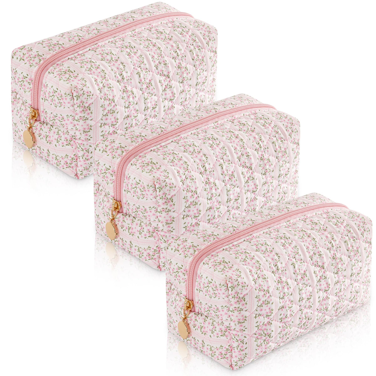 Makeup Bag Travel Toiletry Bag for Women, Small Cosmetic Bags Cute Quilted Cotton Makeup Pouch for Purse Emergency Bag Pencil Case Accessory Bag, Pastel Pink