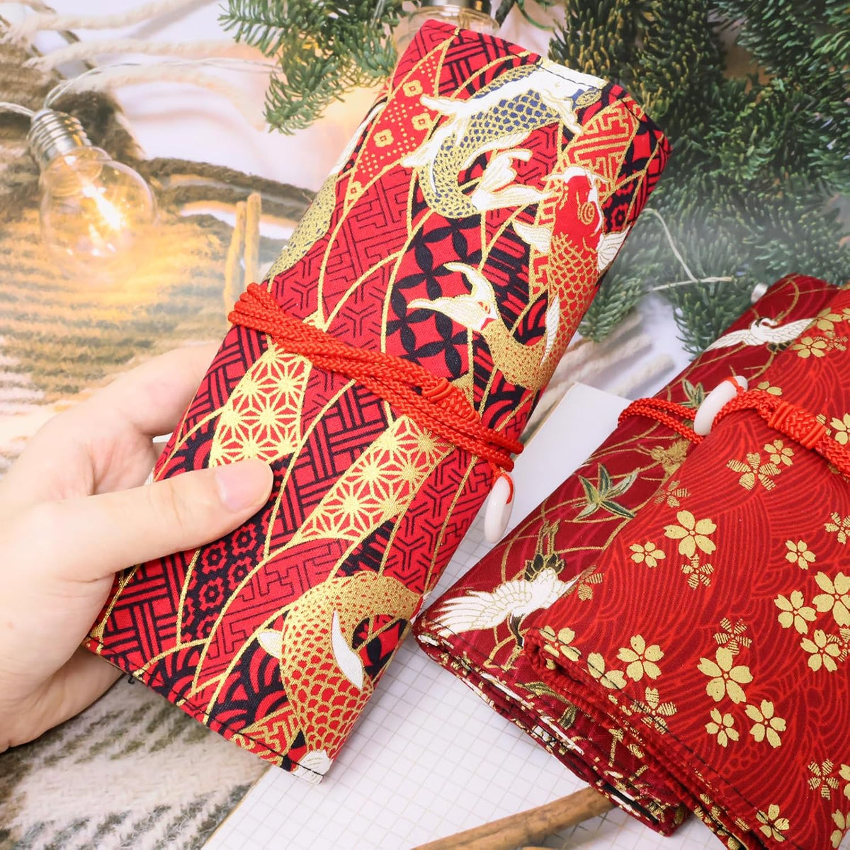 Honbay Japanese Style Red Koi Makeup Brush Rolling Case Makeup Brush Bag Pouch Holder Travel Portable Cosmetics Brushes Organizer Bag with 13 Slots