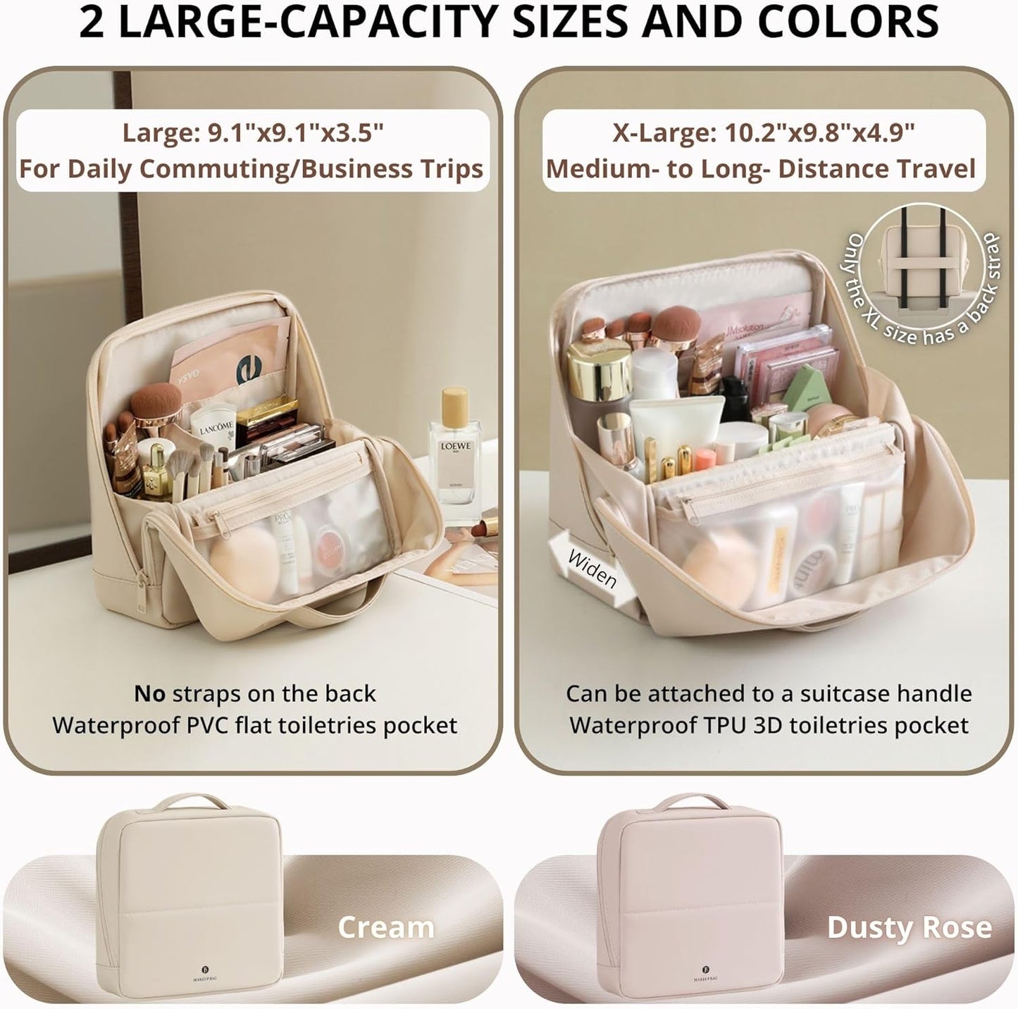 tianzong Travel Makeup Bag with Magnetic Fold-Down Flap, Waterproof Leather Cosmetic and Toiletry Organizer for Women, Multi-Zone Standing Storage, Dusty Rose, Large