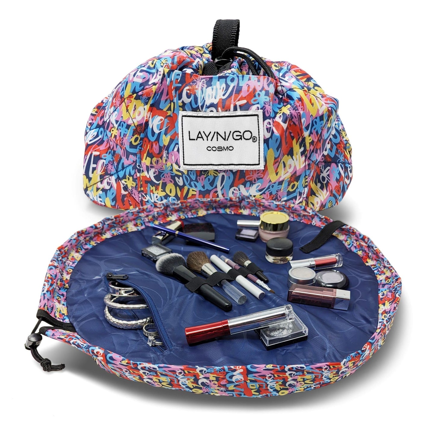 Lay-n-Go Cosmo Layflat Drawstring Cosmetic & Makeup Bag Organizer w/Zipper Pocket, Brush Loops & More, Cinch to Close, Lay Flat to Use, Durable, Machine Wash, Travel Toiletry Bag (20", Dogs)