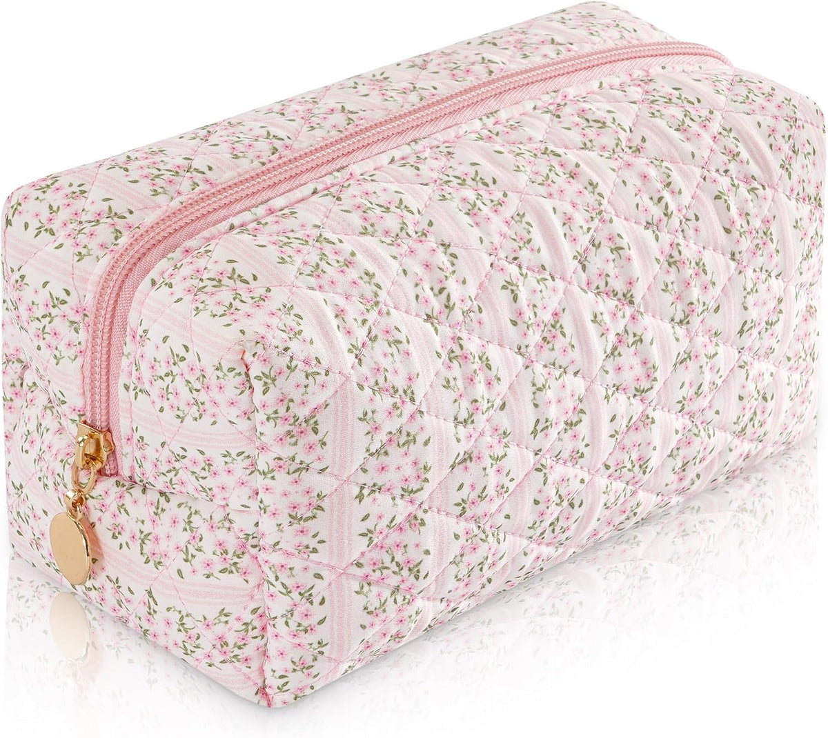 Makeup Bag Travel Toiletry Bag for Women, Small Cosmetic Bags Cute Quilted Cotton Makeup Pouch for Purse Emergency Bag Pencil Case Accessory Bag, Pastel Pink