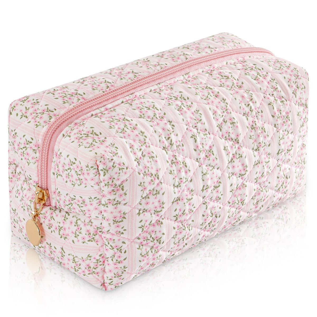 Makeup Bag Travel Toiletry Bag for Women, Small Cosmetic Bags Cute Quilted Cotton Makeup Pouch for Purse Emergency Bag Pencil Case Accessory Bag, Pastel Pink