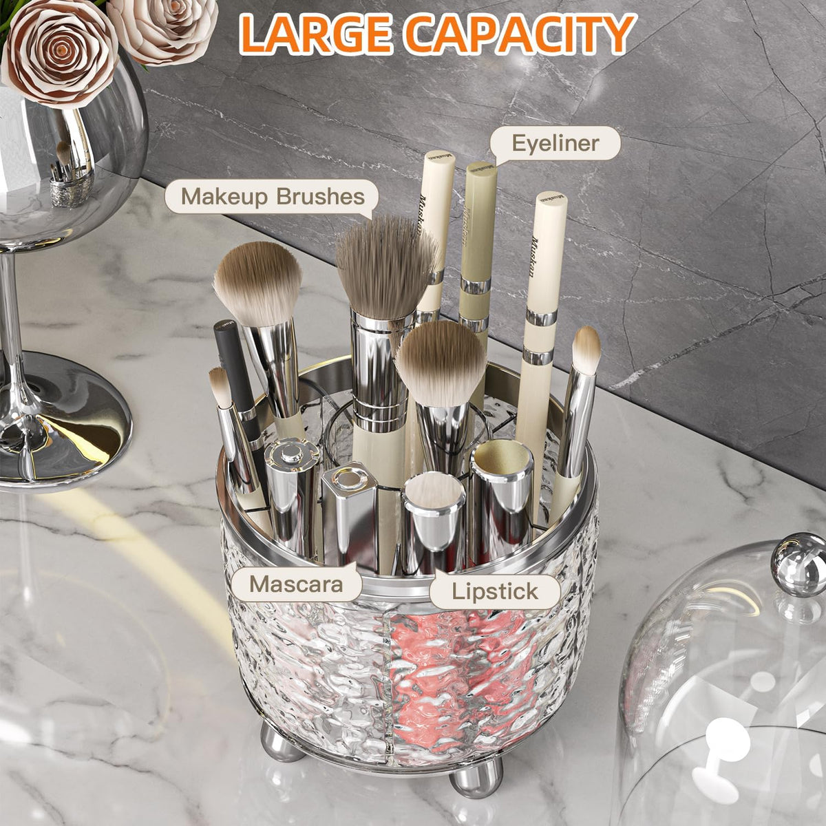 Makeup Brush Holder with Lid, 360° Rotating Makeup Brush Holder for Vanity, Dustproof Spinning Makeup Brush Organizer with Lid for Bathroom Countertop, Cosmetic Tools Organizer with Cover (Clear)