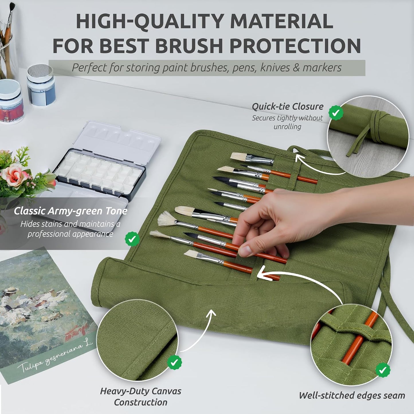 DUGATO 30-Slot Roll-Up Canvas Brush Holder, Army Green