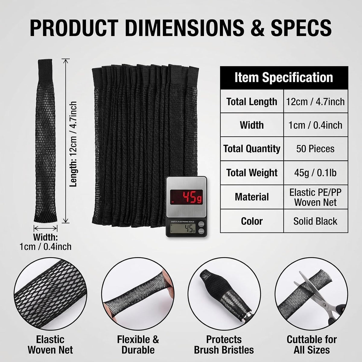 VASANA 50Pcs 12cm/4.7inch Length Black Plastic Mesh Makeup Brush Protector Expandable Mesh Sleeve Covers Cosmetic Beauty Brush Net Guard for Storage Travel (Not include Brushes)